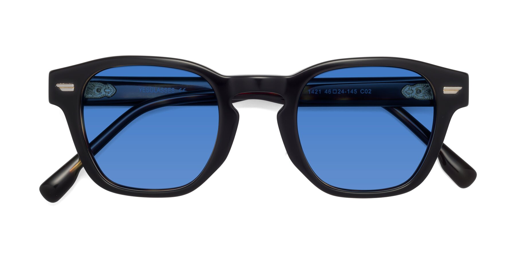 Folded Front of 1421 in Black-Tortoise with Blue Tinted Lenses
