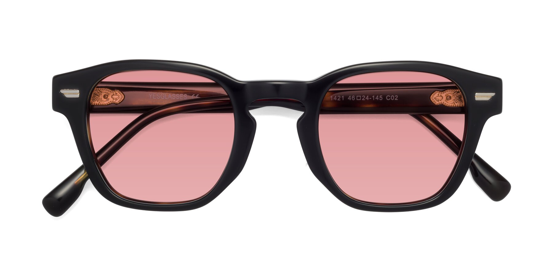 Folded Front of 1421 in Black-Tortoise with Medium Garnet Tinted Lenses