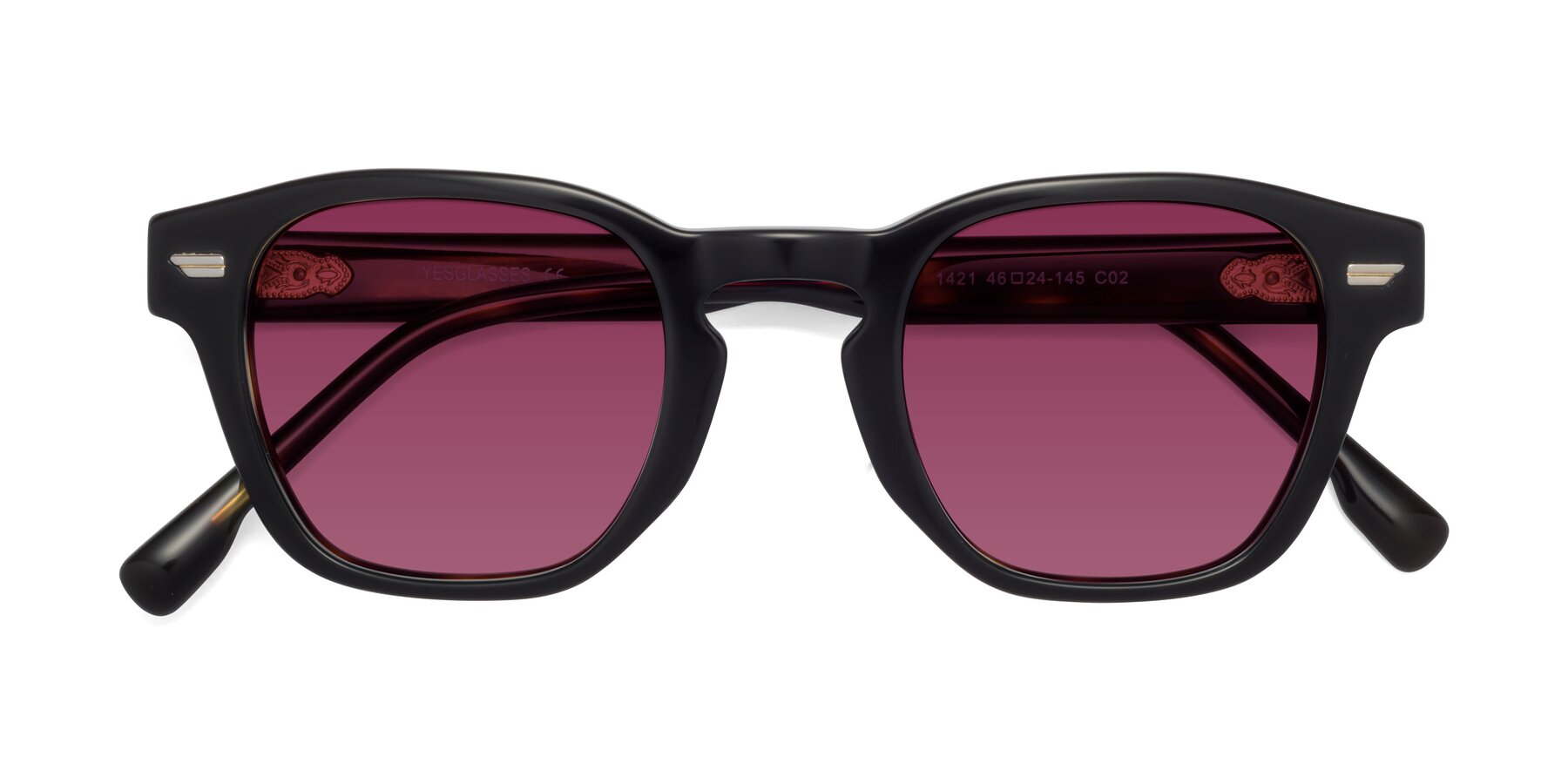 Folded Front of 1421 in Black-Tortoise with Wine Tinted Lenses