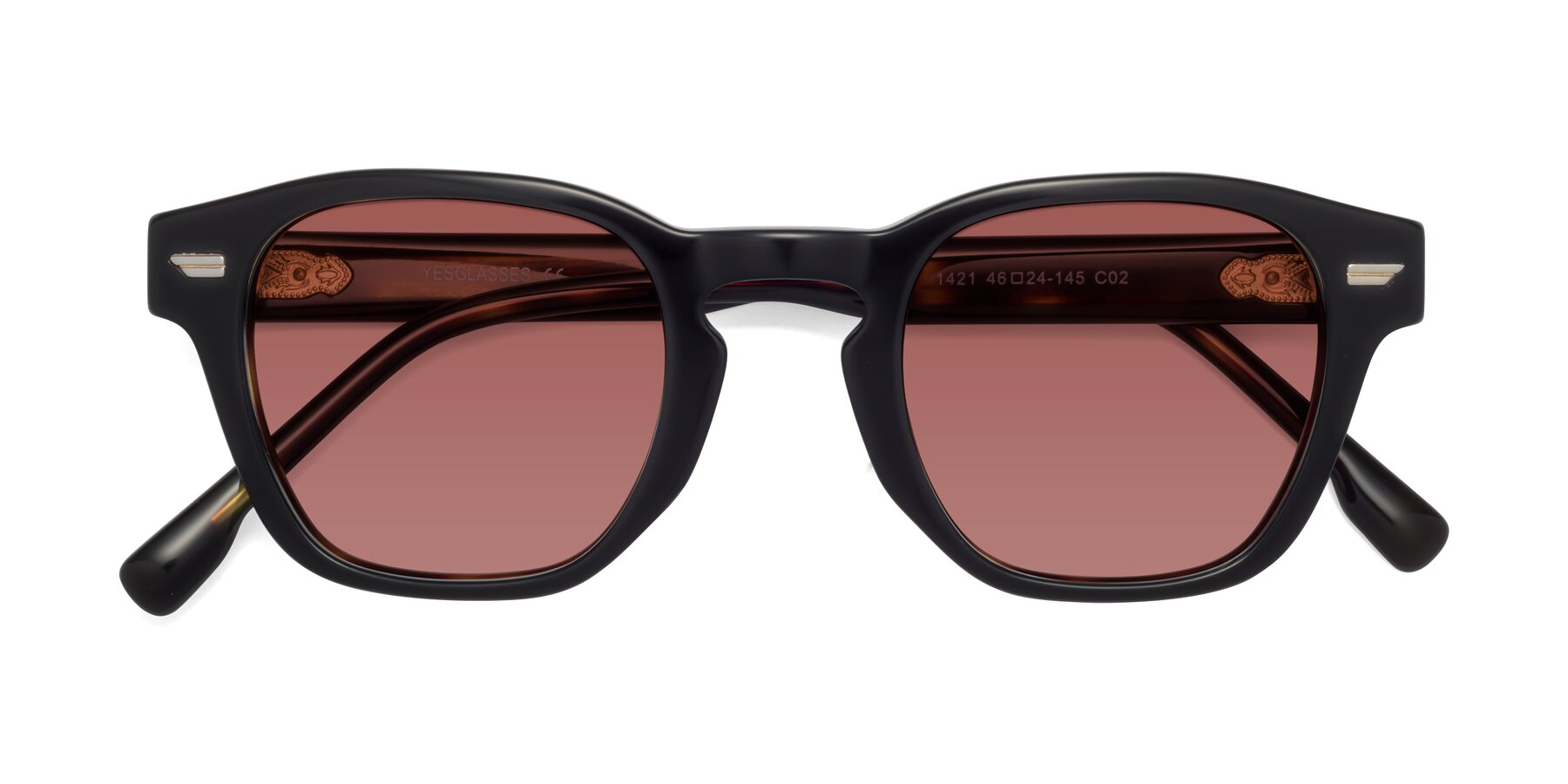 Folded Front of 1421 in Black-Tortoise with Garnet Tinted Lenses