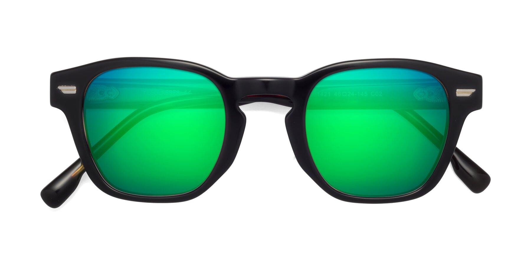 Folded Front of 1421 in Black-Tortoise with Green Mirrored Lenses