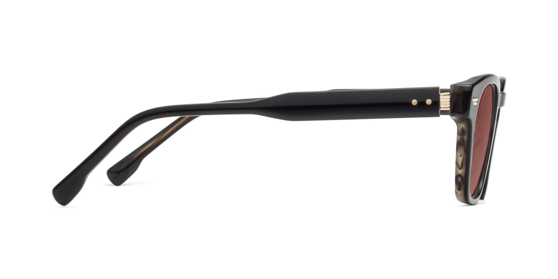 Side of 1421 in Black-Stripe Brown with Garnet Tinted Lenses