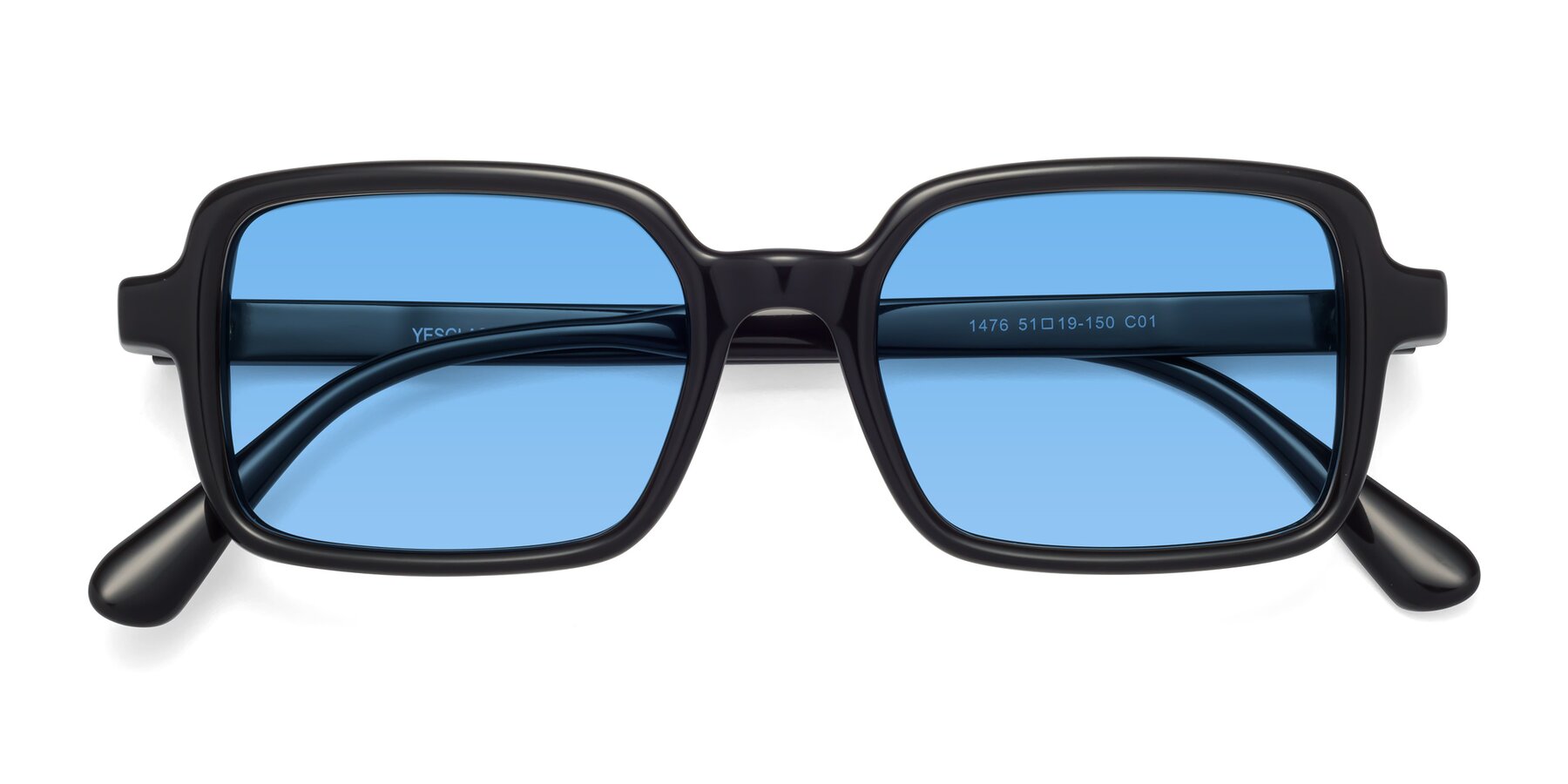 Folded Front of Canuto in Black with Medium Blue Tinted Lenses