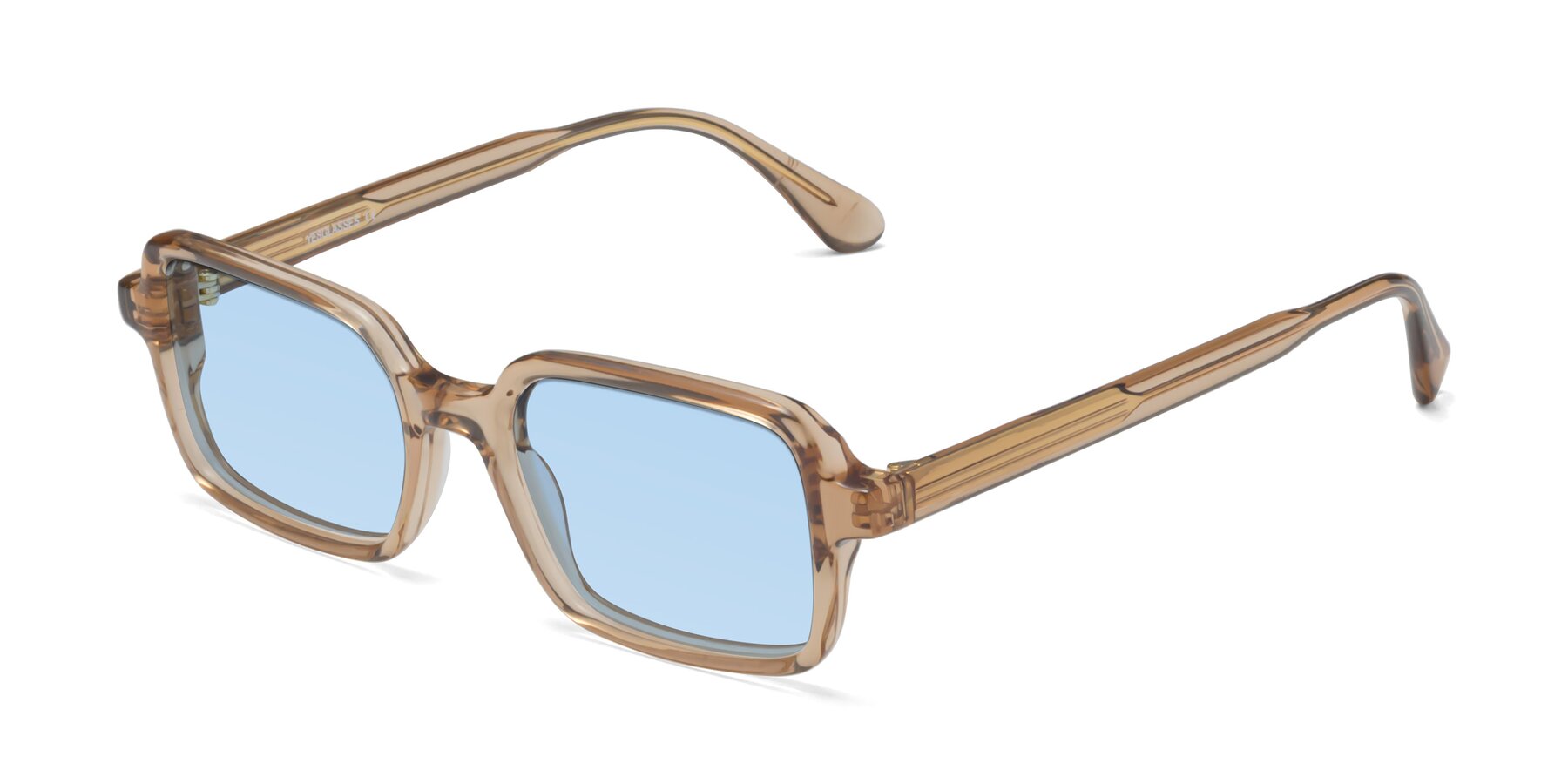 Angle of Canuto in Caramel with Light Blue Tinted Lenses