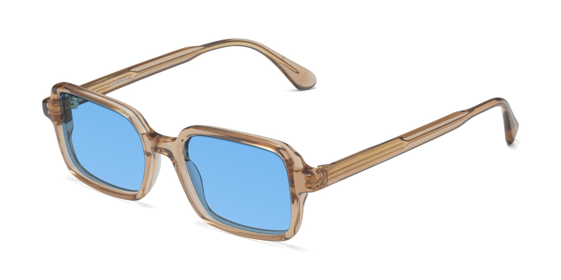 Angle of Canuto in Caramel with Medium Blue Tinted Lenses