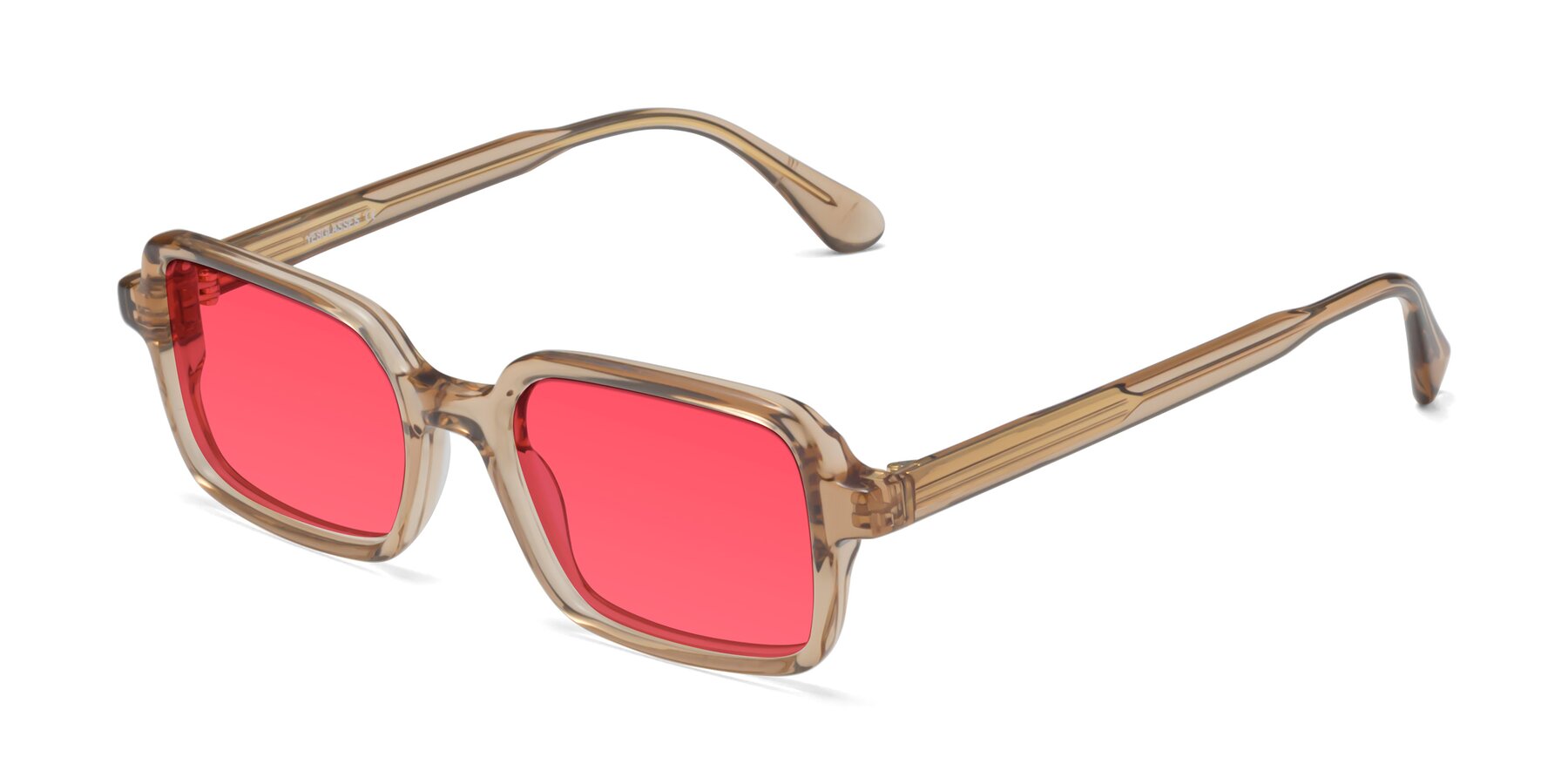 Angle of Canuto in Caramel with Red Tinted Lenses