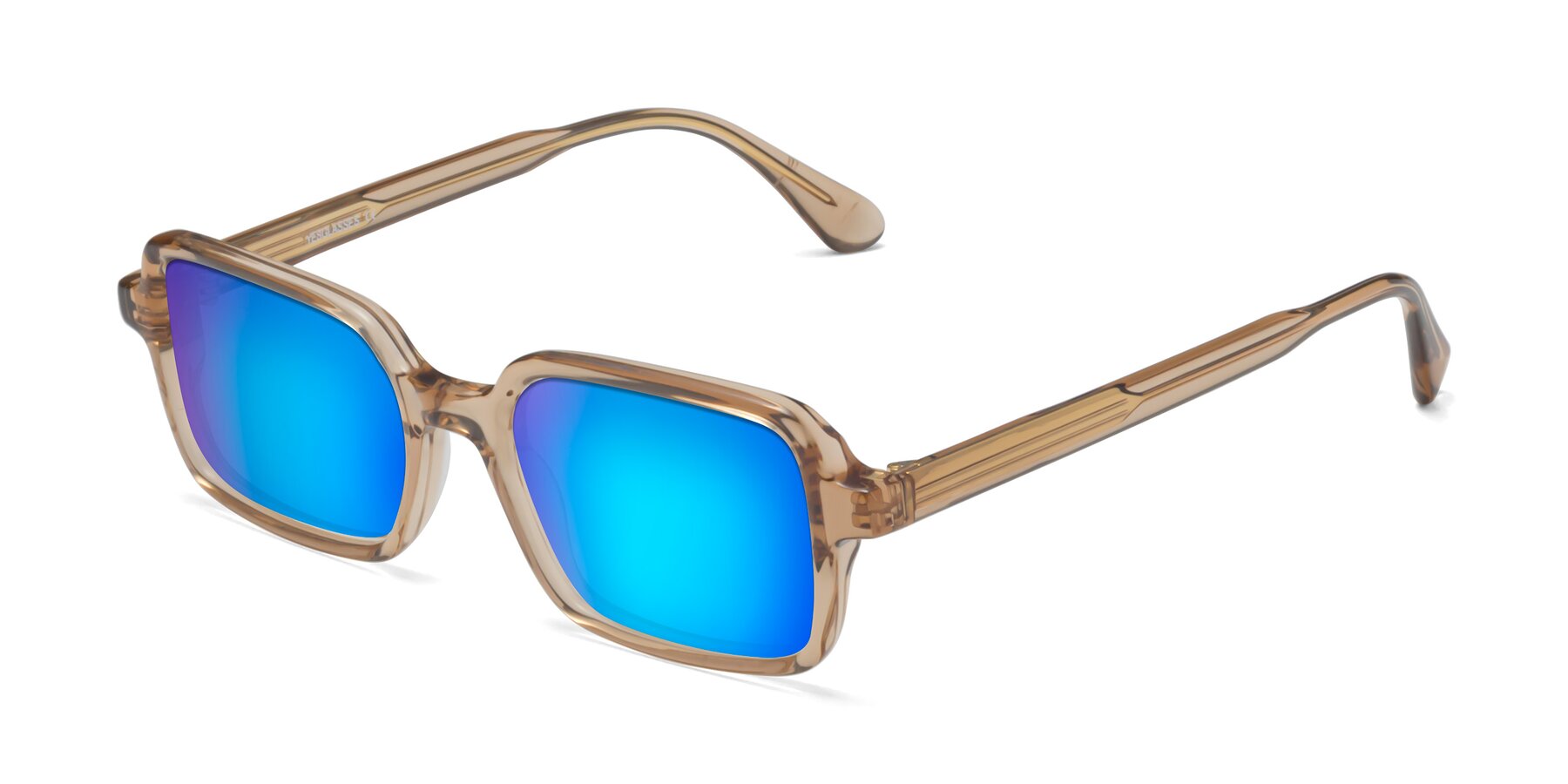 Angle of Canuto in Caramel with Blue Mirrored Lenses