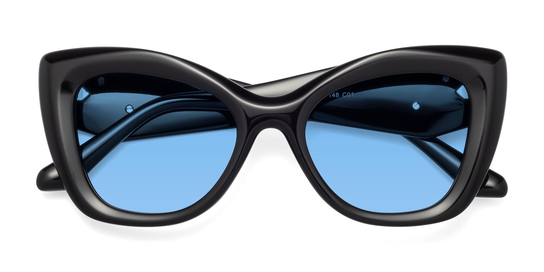 Folded Front of Riffe in Black with Medium Blue Tinted Lenses