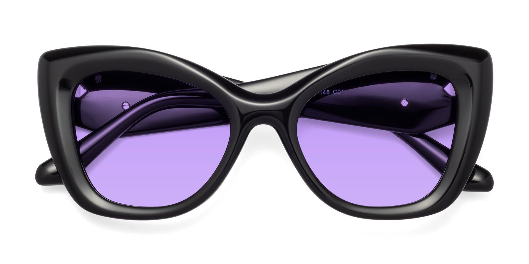 Folded Front of Riffe in Black with Medium Purple Tinted Lenses