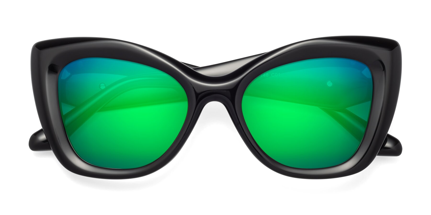 Folded Front of Riffe in Black with Green Mirrored Lenses