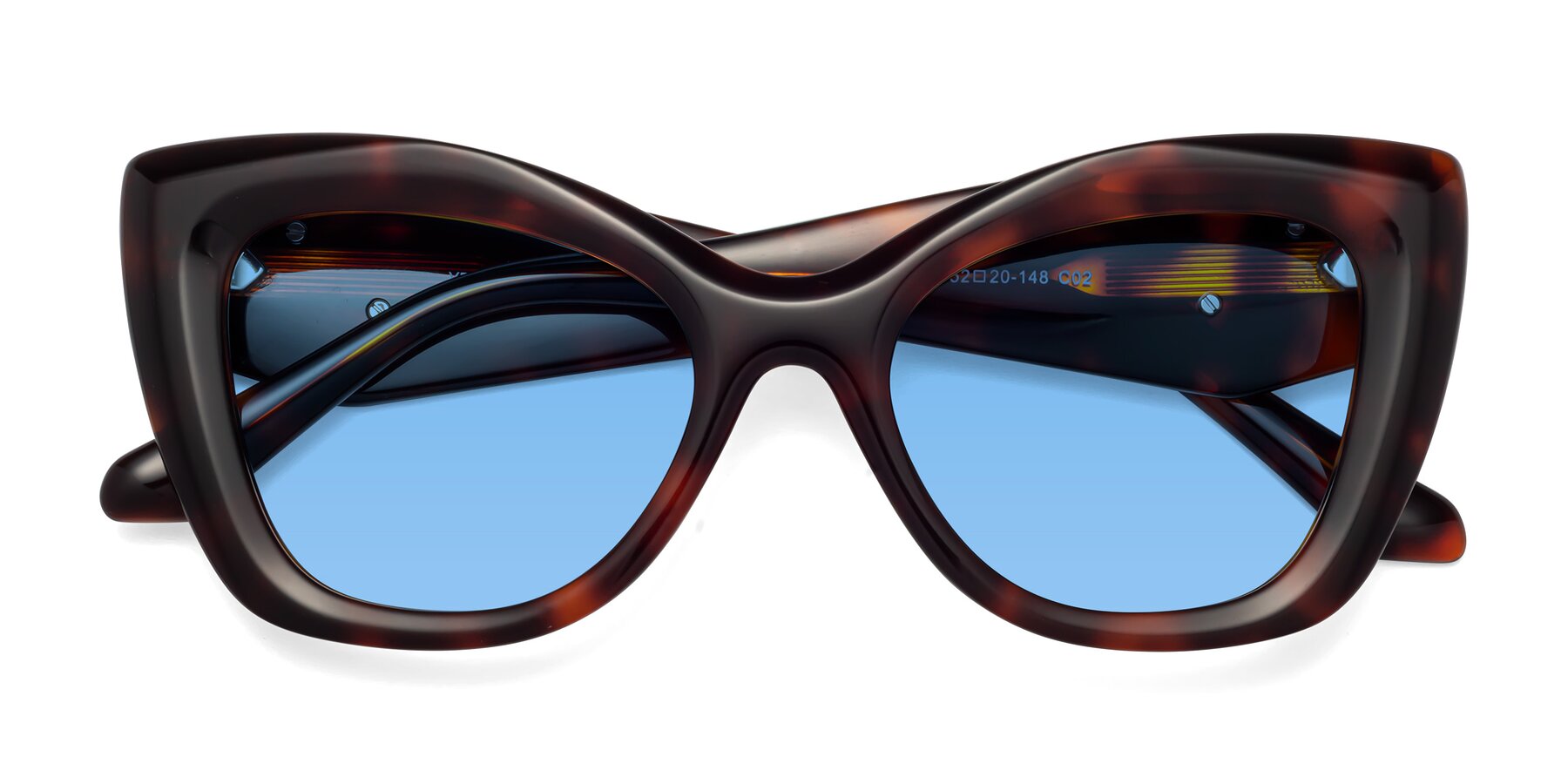 Folded Front of Riffe in Tortoise with Medium Blue Tinted Lenses