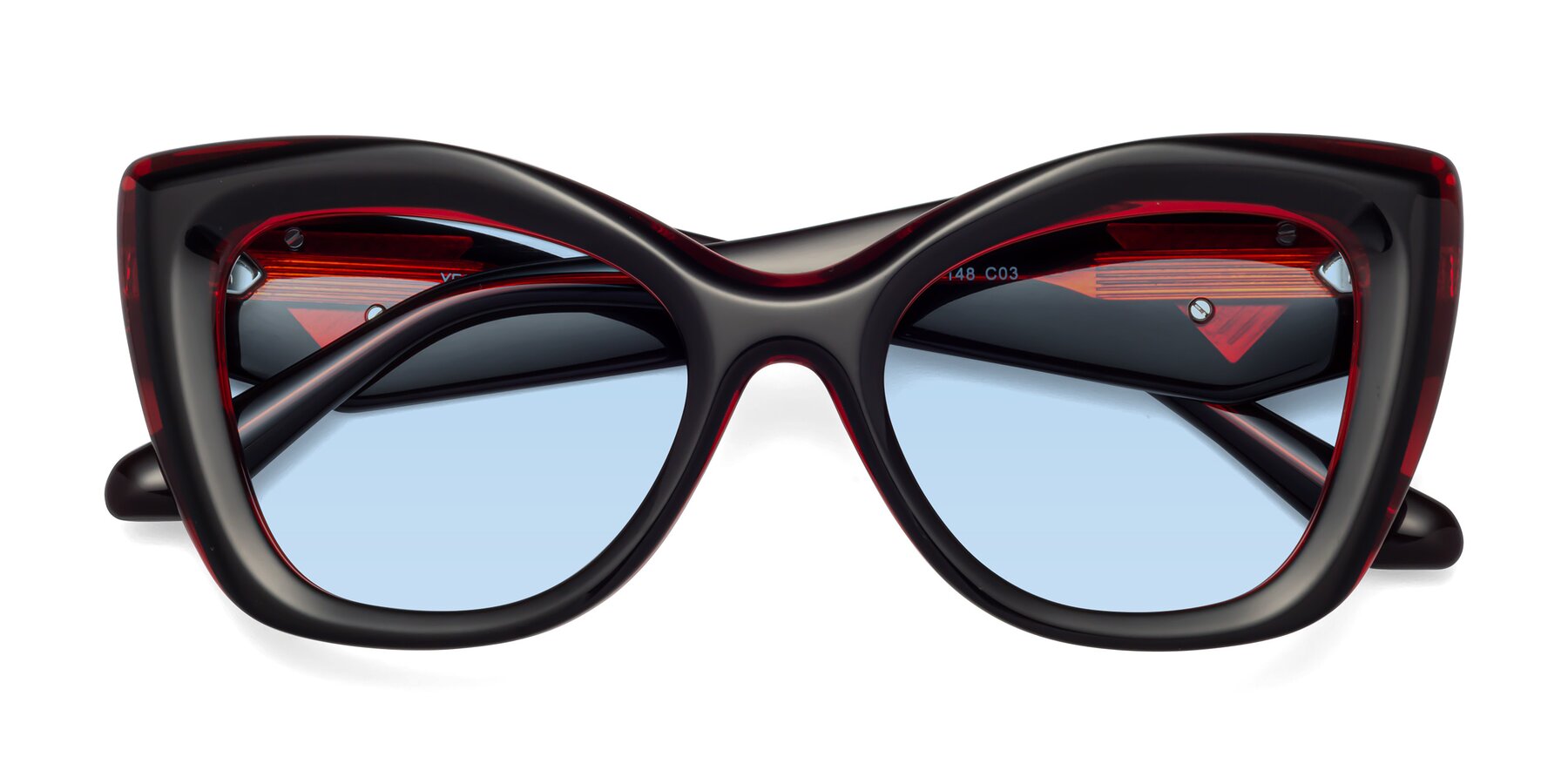 Folded Front of Riffe in Black-Wine with Light Blue Tinted Lenses