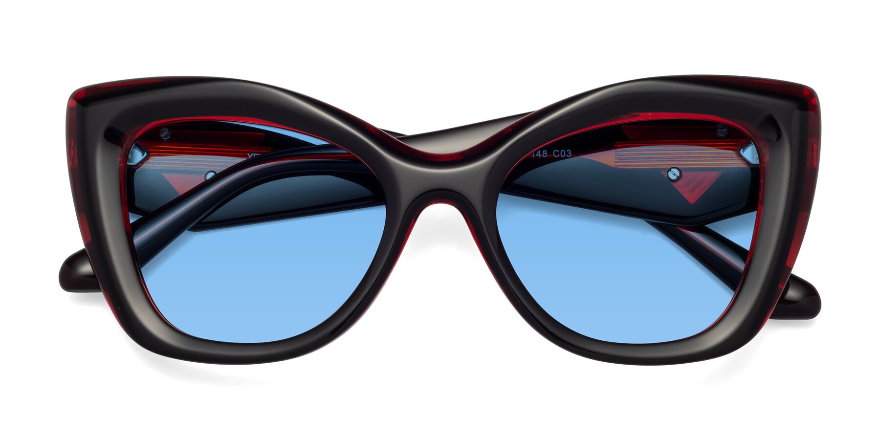Folded Front of Riffe in Black-Wine with Medium Blue Tinted Lenses