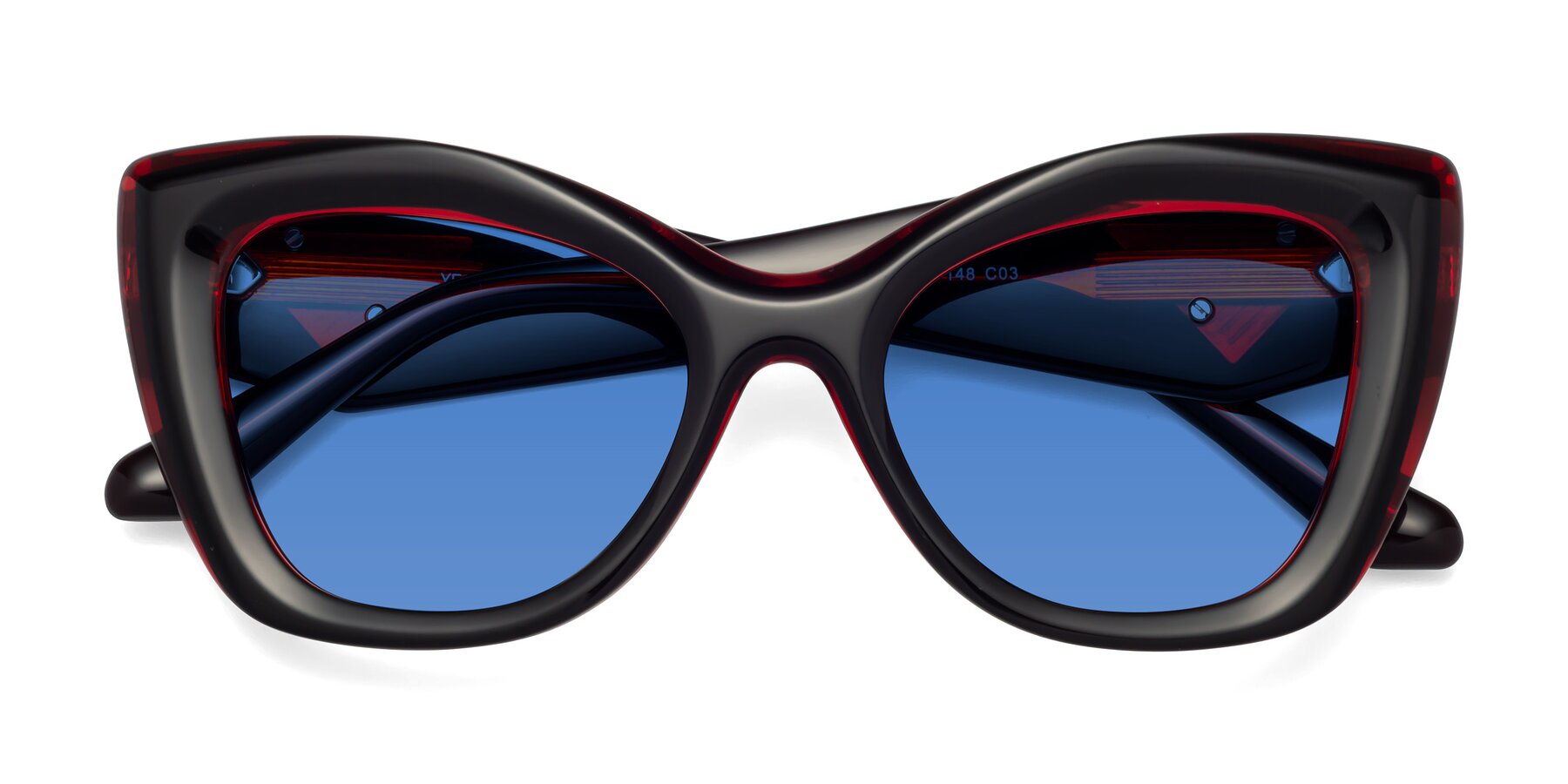 Folded Front of Riffe in Black-Wine with Blue Tinted Lenses