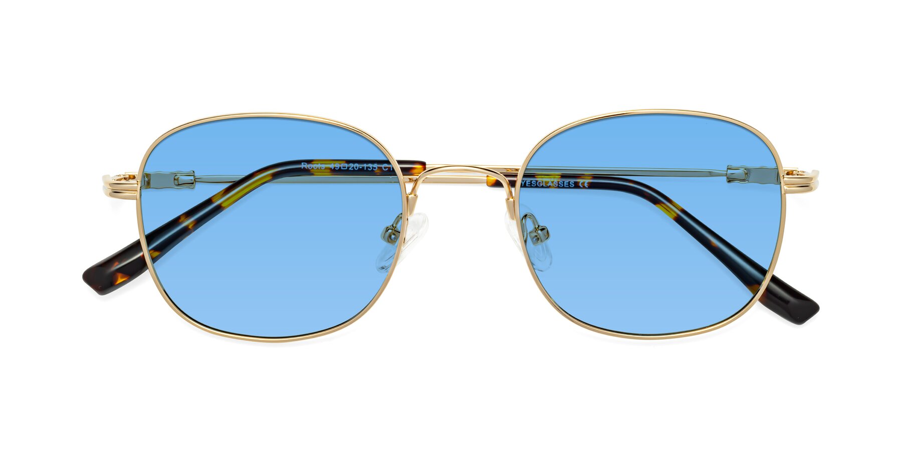 Folded Front of Roots in Gold with Medium Blue Tinted Lenses
