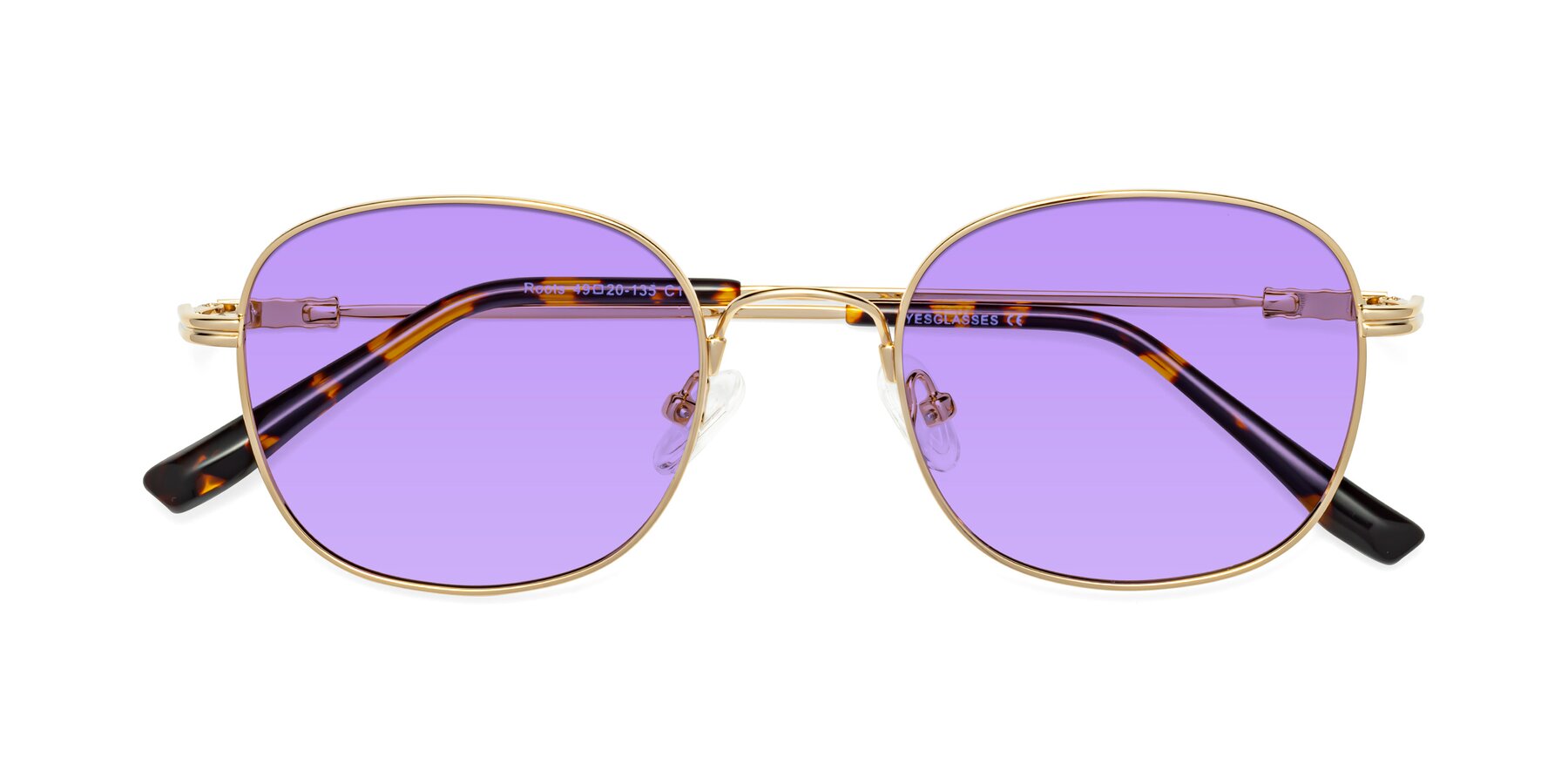 Folded Front of Roots in Gold with Medium Purple Tinted Lenses