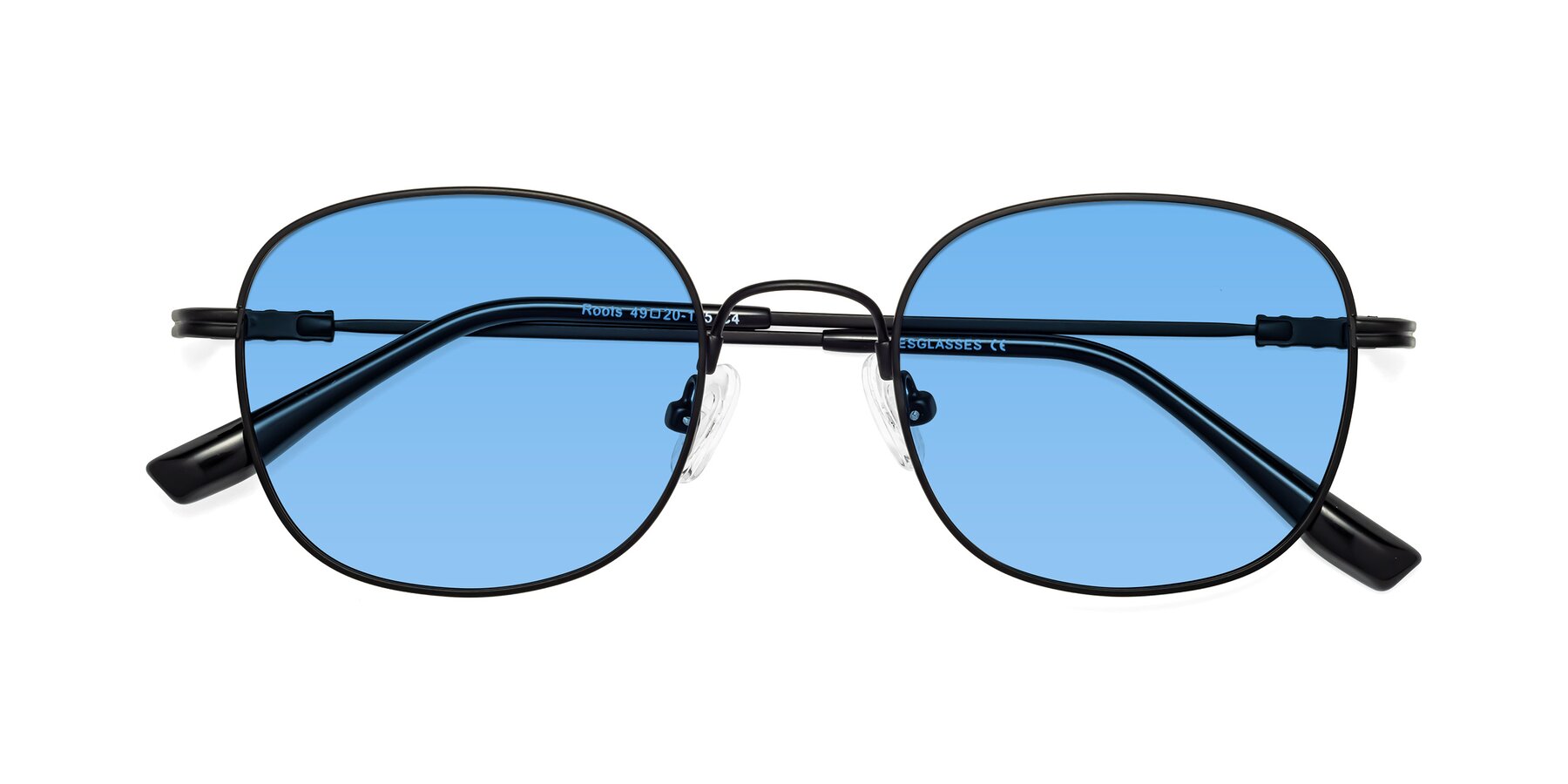 Folded Front of Roots in Black with Medium Blue Tinted Lenses