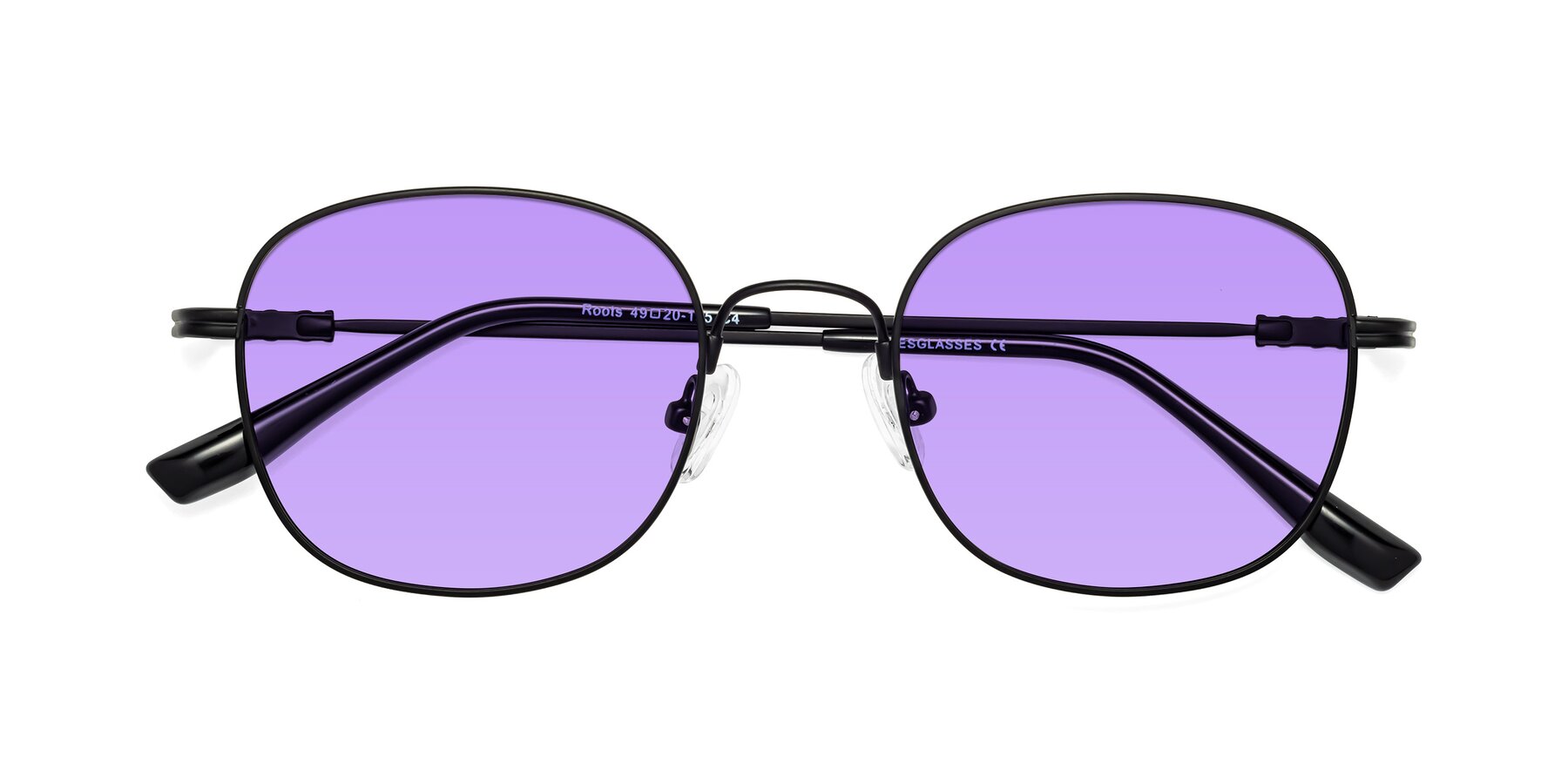 Folded Front of Roots in Black with Medium Purple Tinted Lenses