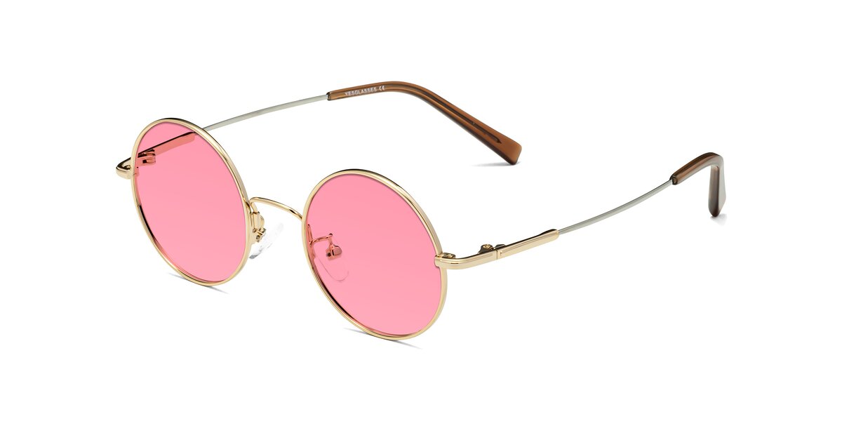 Gold Narrow Flexible Round Tinted Sunglasses with Pink Sunwear Lenses ...