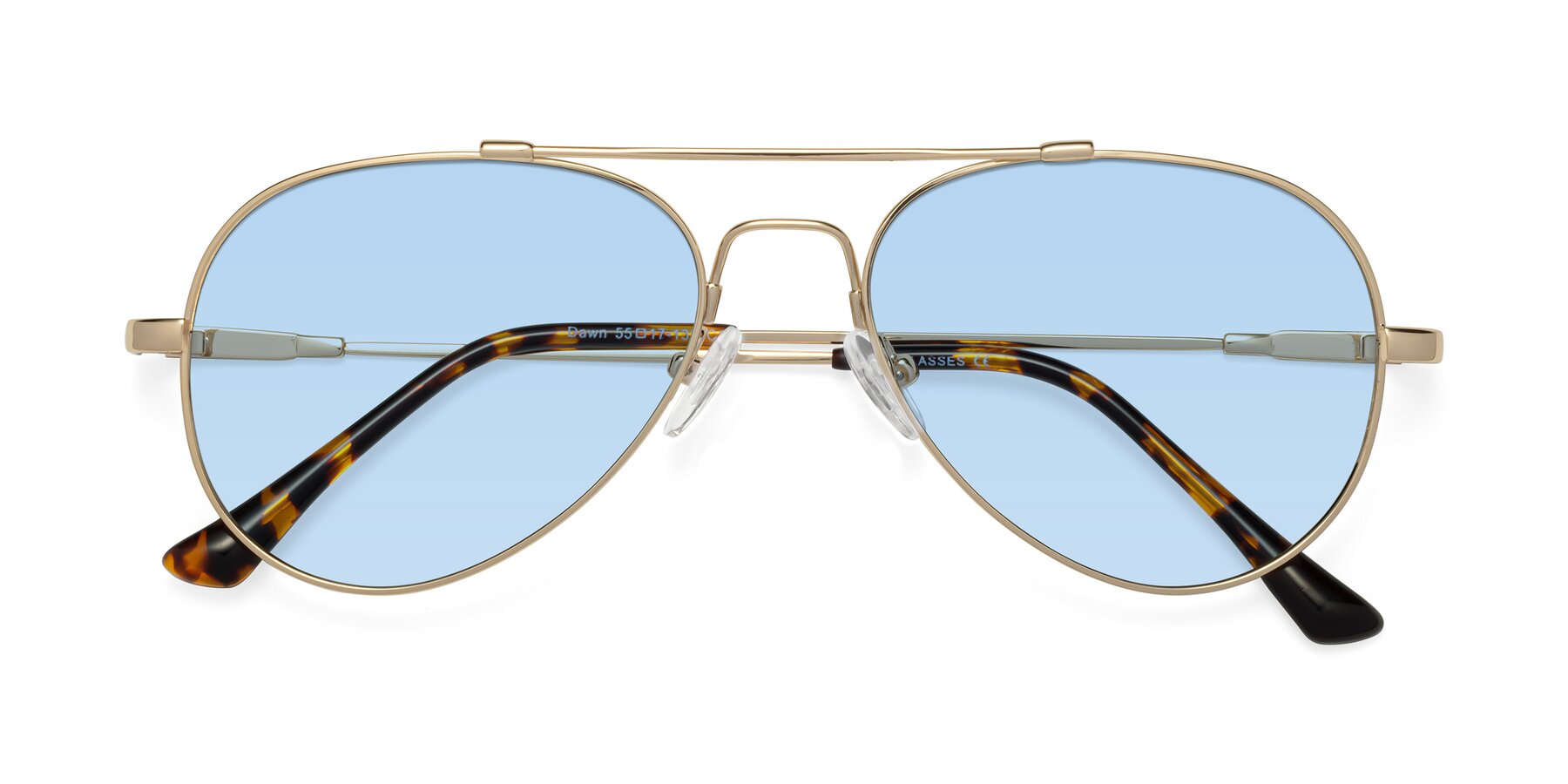 Folded Front of Dawn in Gold with Light Blue Tinted Lenses