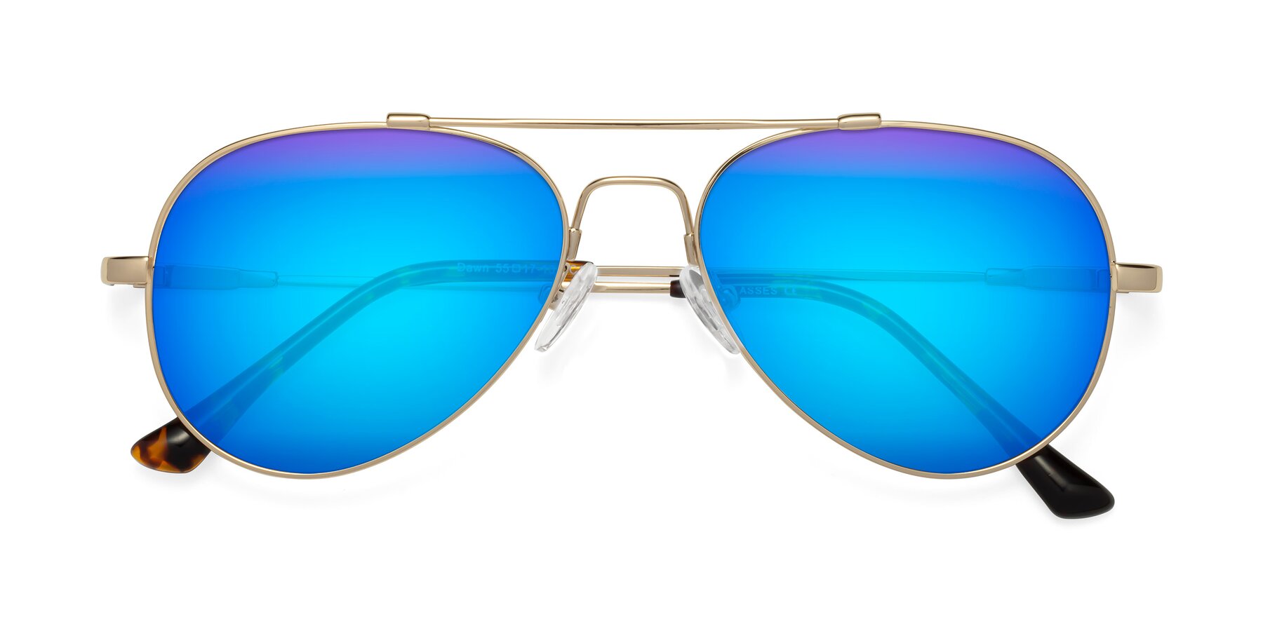 Folded Front of Dawn in Gold with Blue Mirrored Lenses