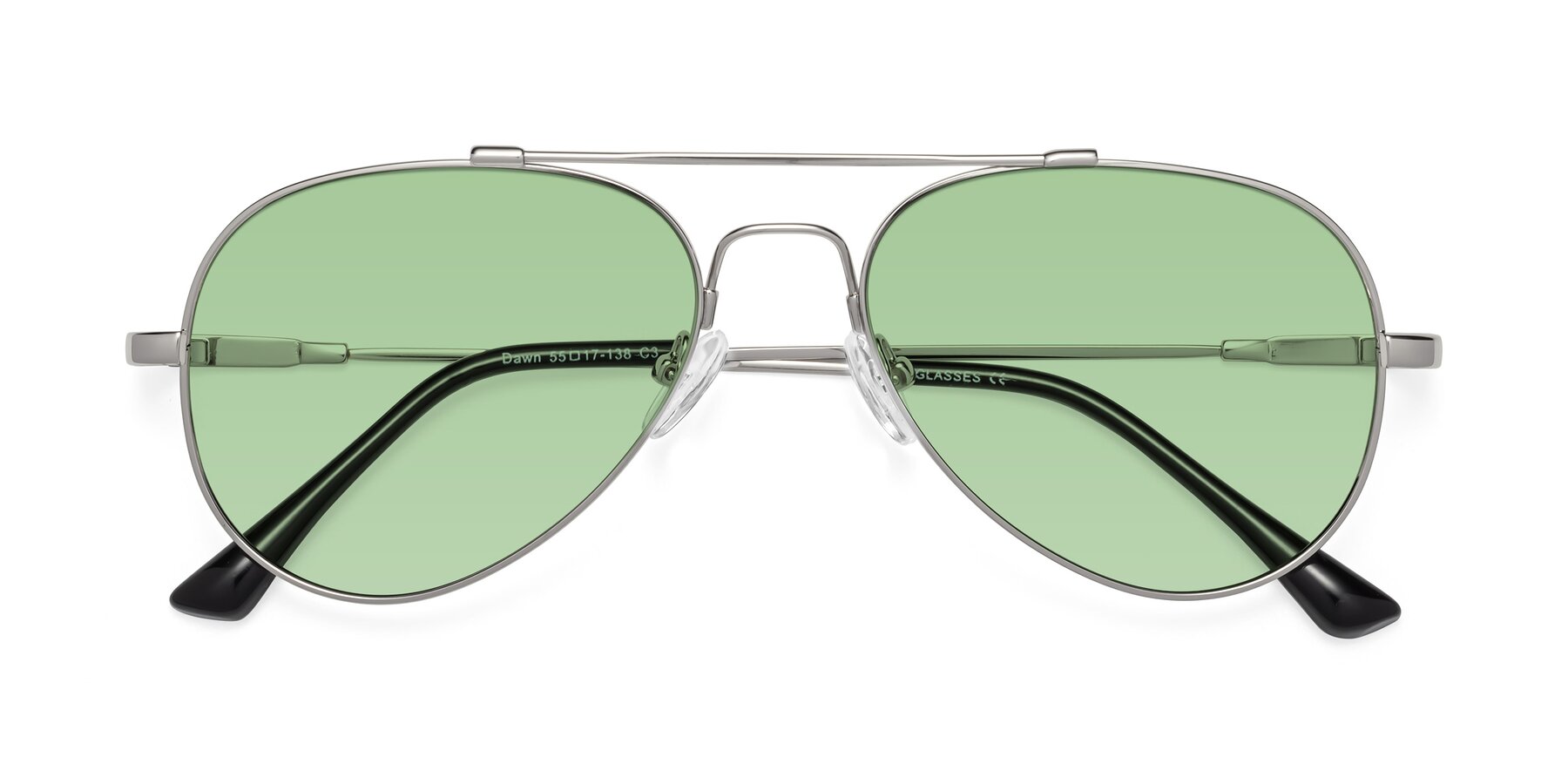 Folded Front of Dawn in Silver with Medium Green Tinted Lenses