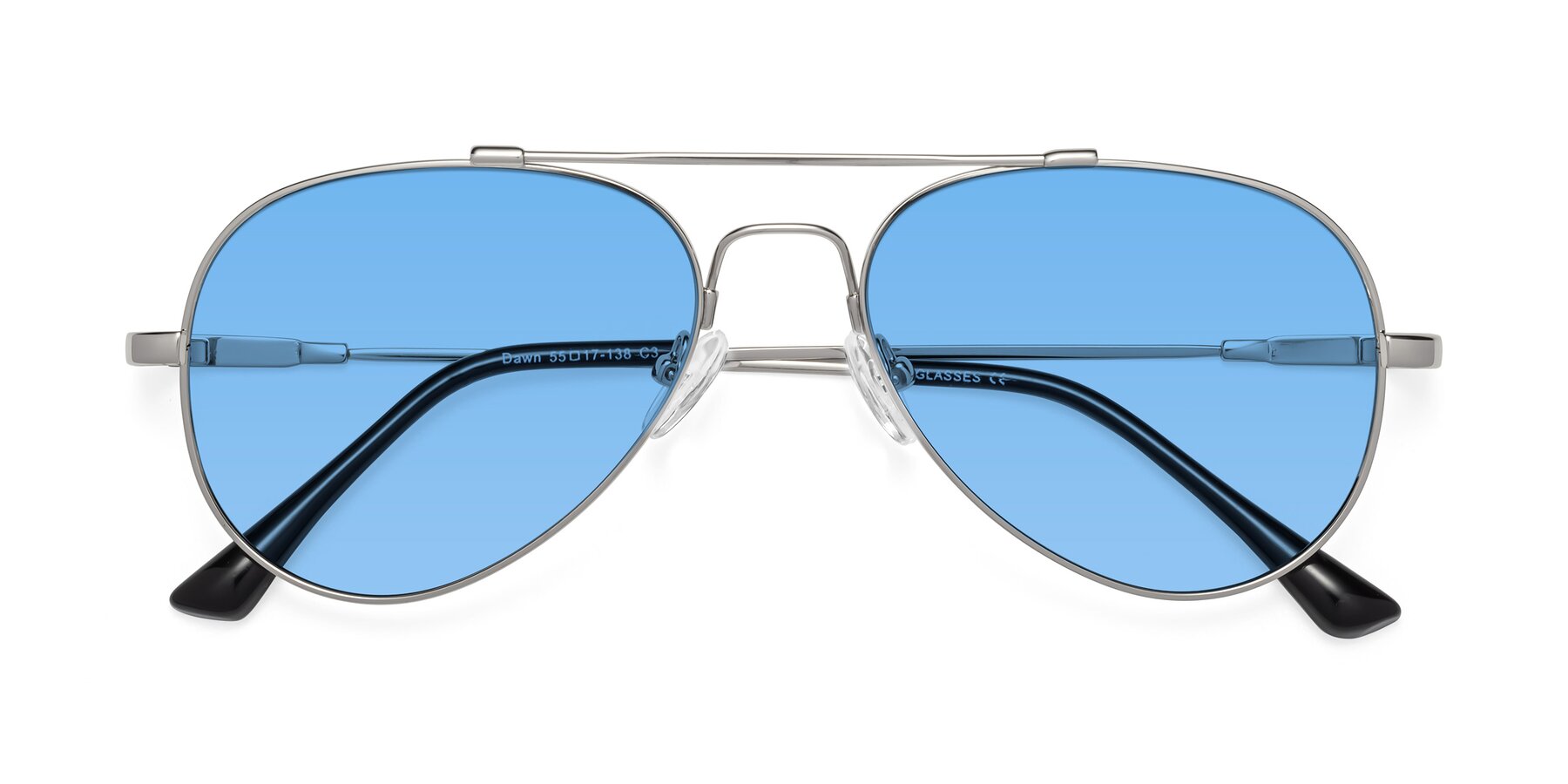 Folded Front of Dawn in Silver with Medium Blue Tinted Lenses