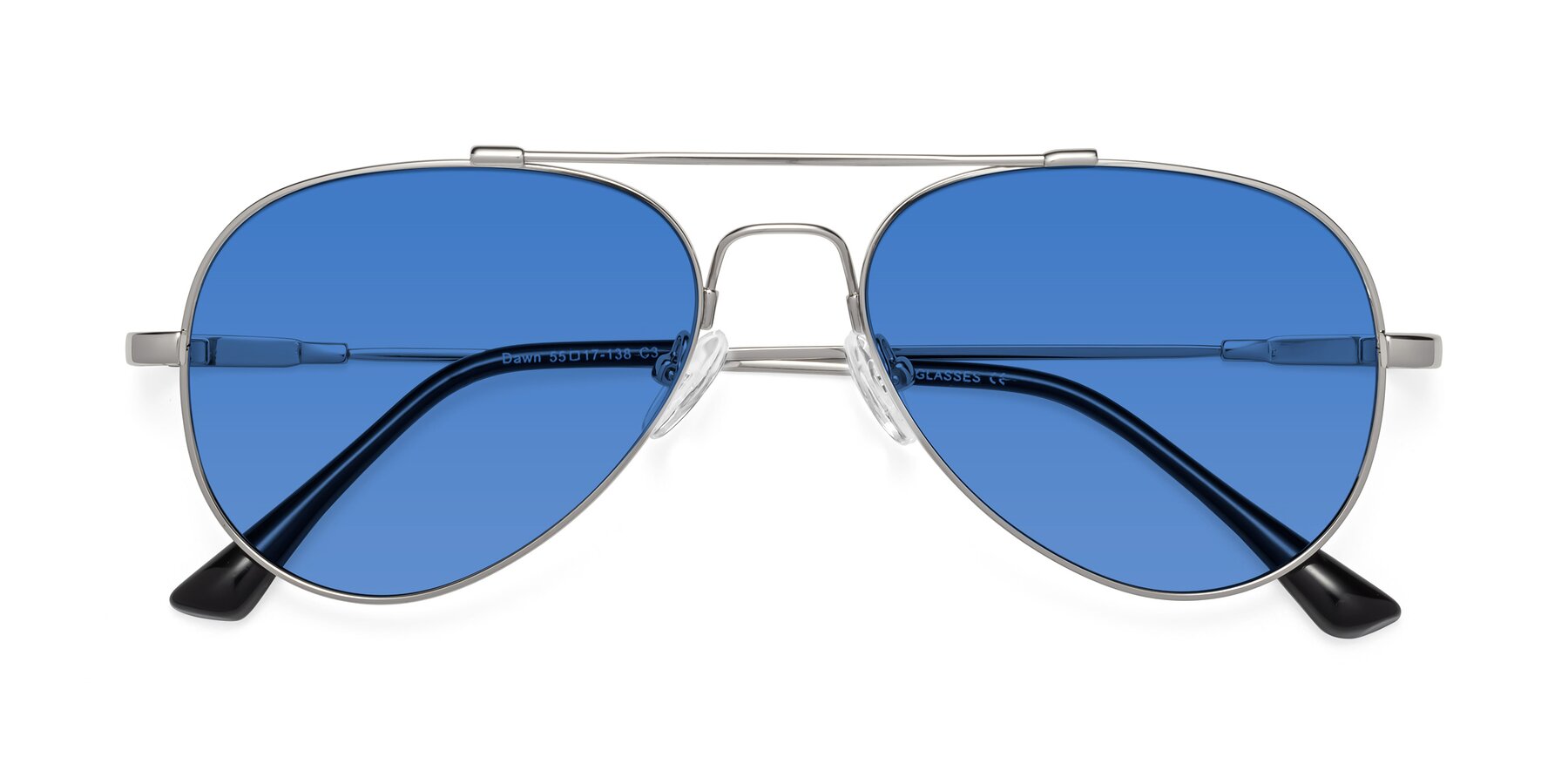 Folded Front of Dawn in Silver with Blue Tinted Lenses