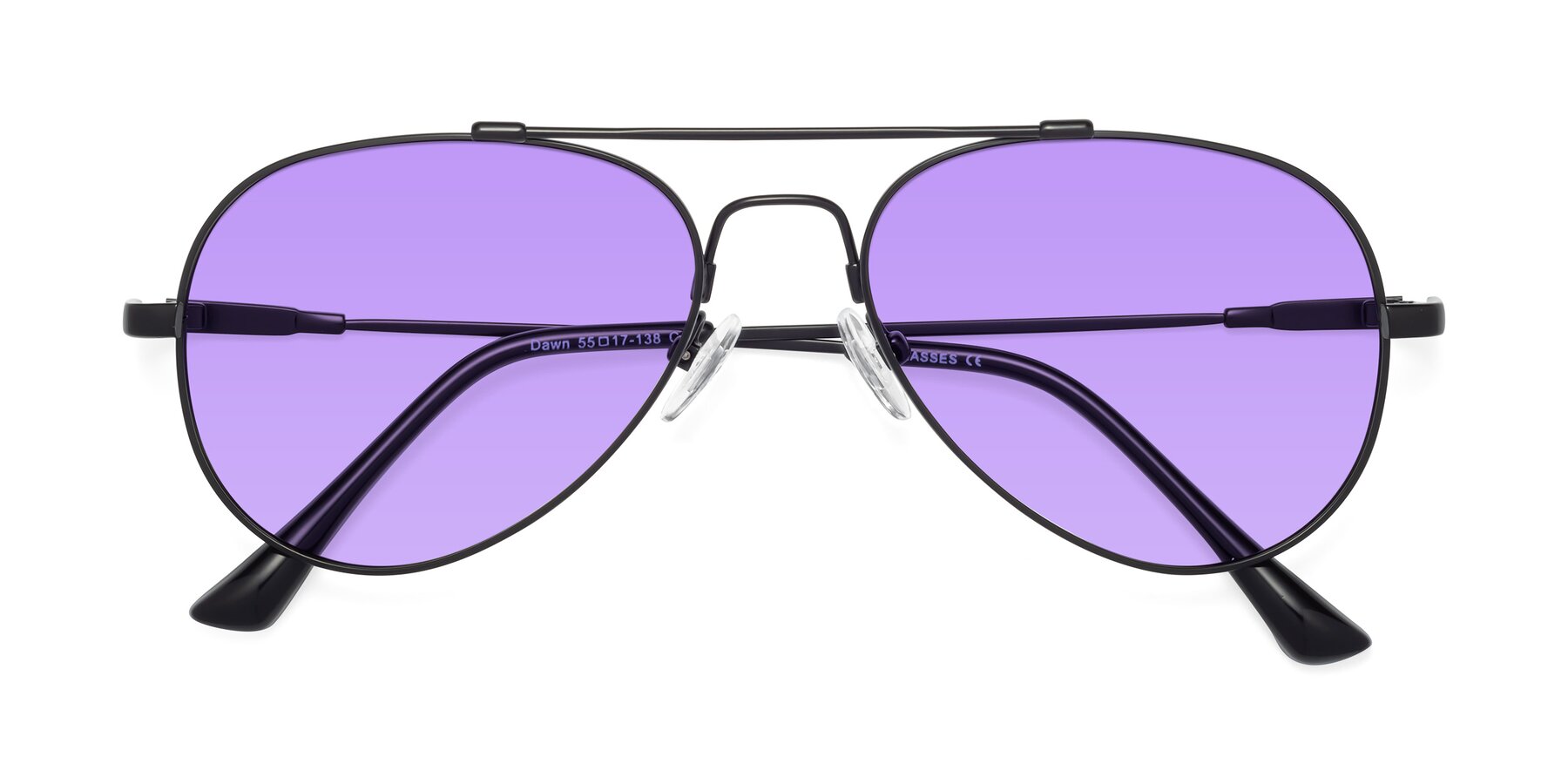 Folded Front of Dawn in Black with Medium Purple Tinted Lenses