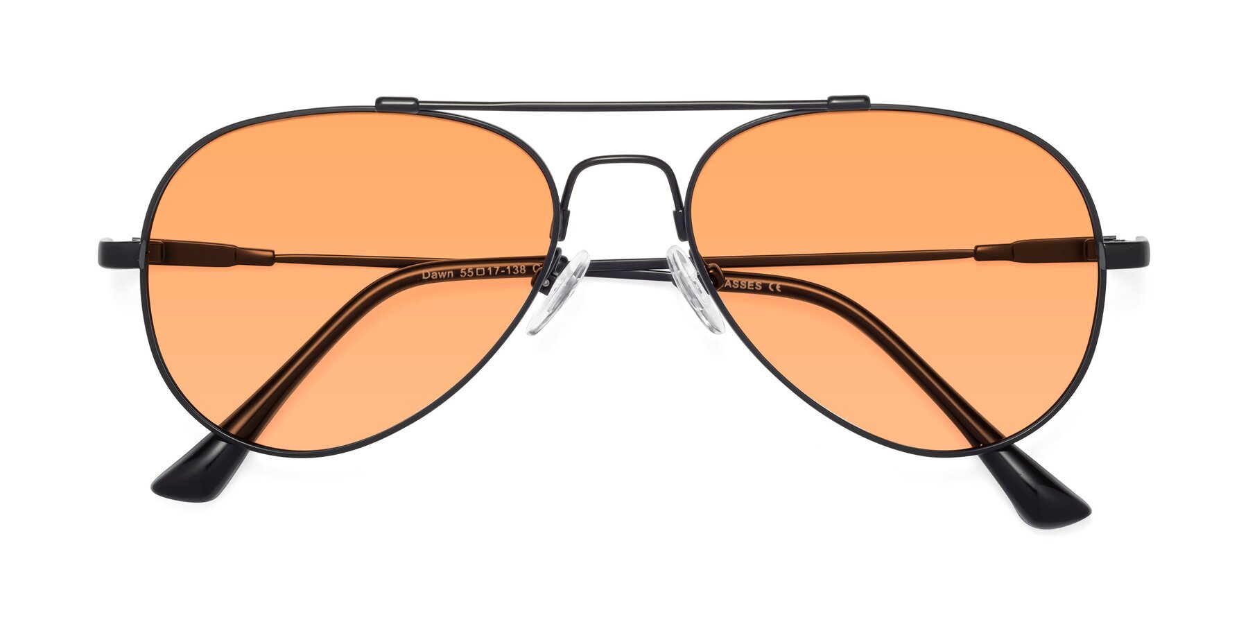 Folded Front of Dawn in Black with Medium Orange Tinted Lenses