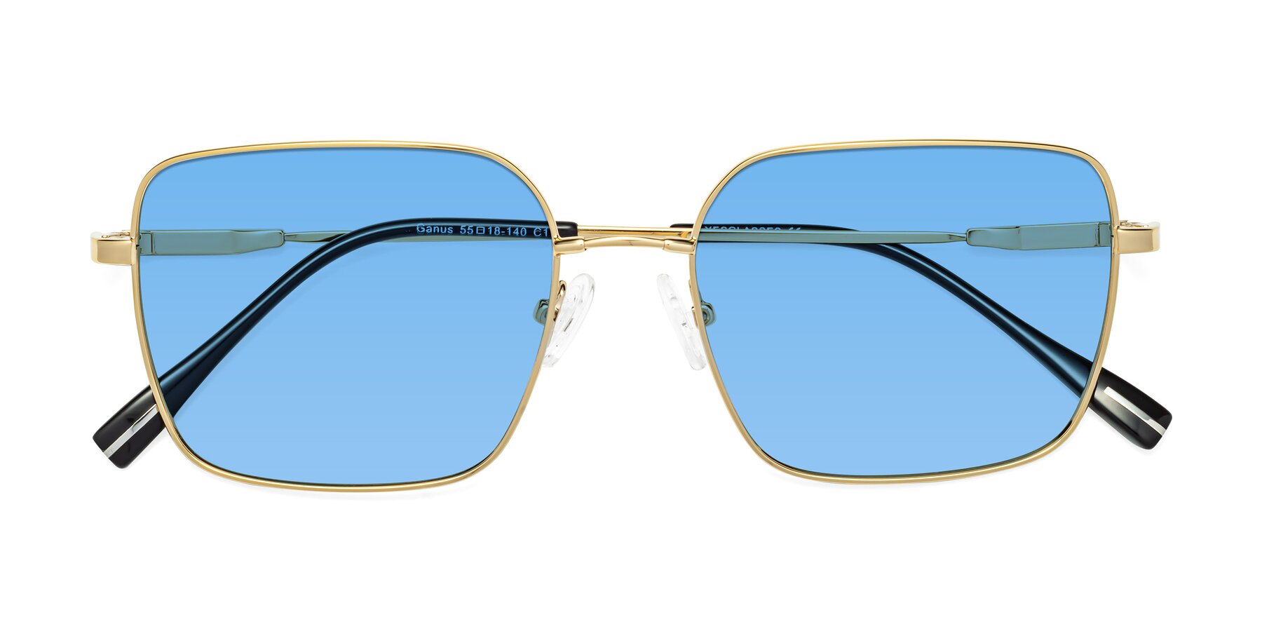 Folded Front of Ganus in Gold with Medium Blue Tinted Lenses