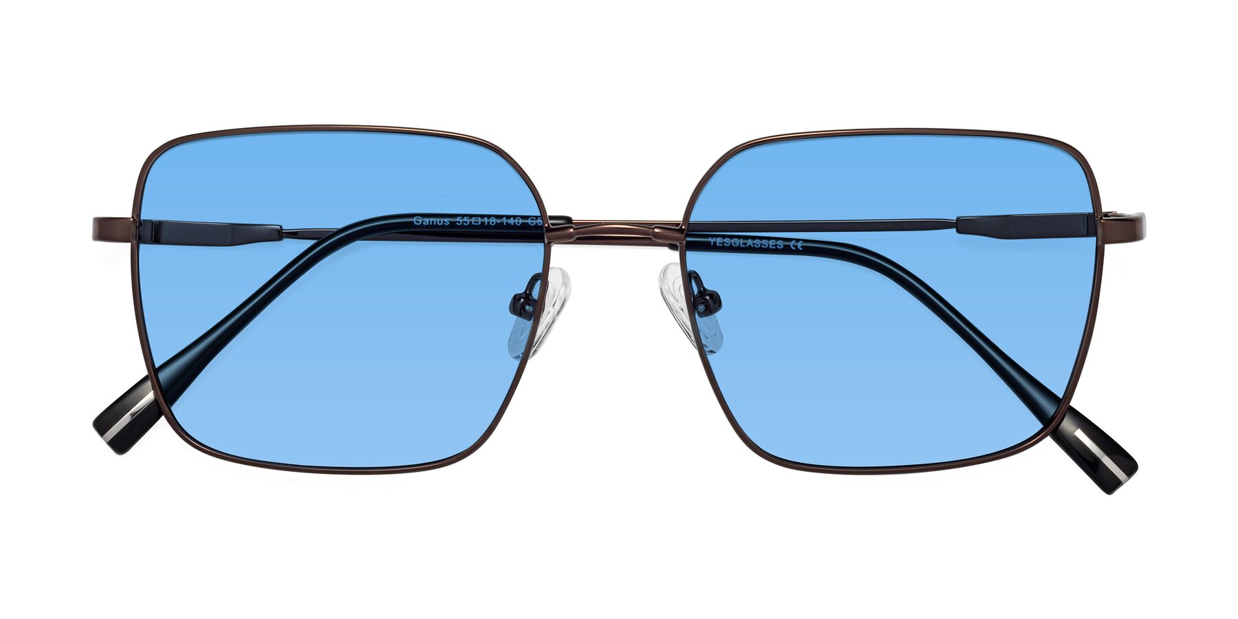 Folded Front of Ganus in Coffee with Medium Blue Tinted Lenses
