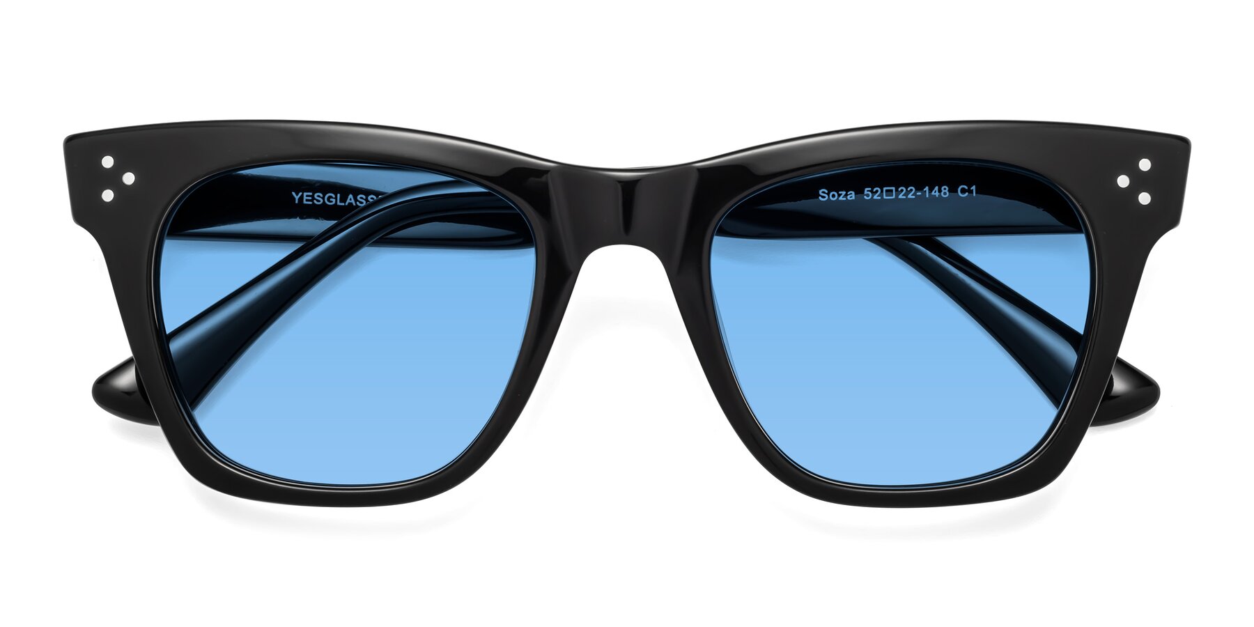 Folded Front of Soza in Black with Medium Blue Tinted Lenses