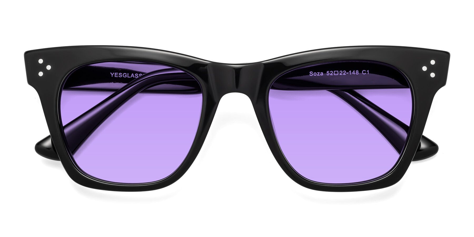 Folded Front of Soza in Black with Medium Purple Tinted Lenses
