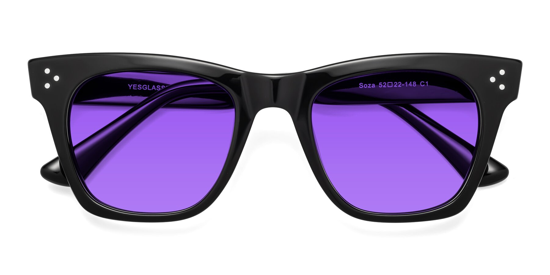 Folded Front of Soza in Black with Purple Tinted Lenses