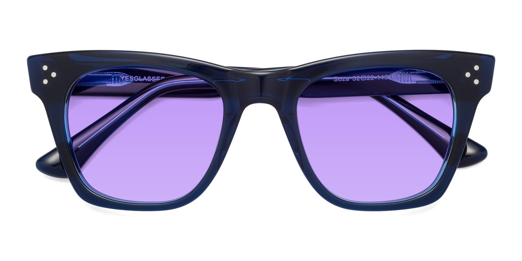 Folded Front of Soza in Blue with Medium Purple Tinted Lenses