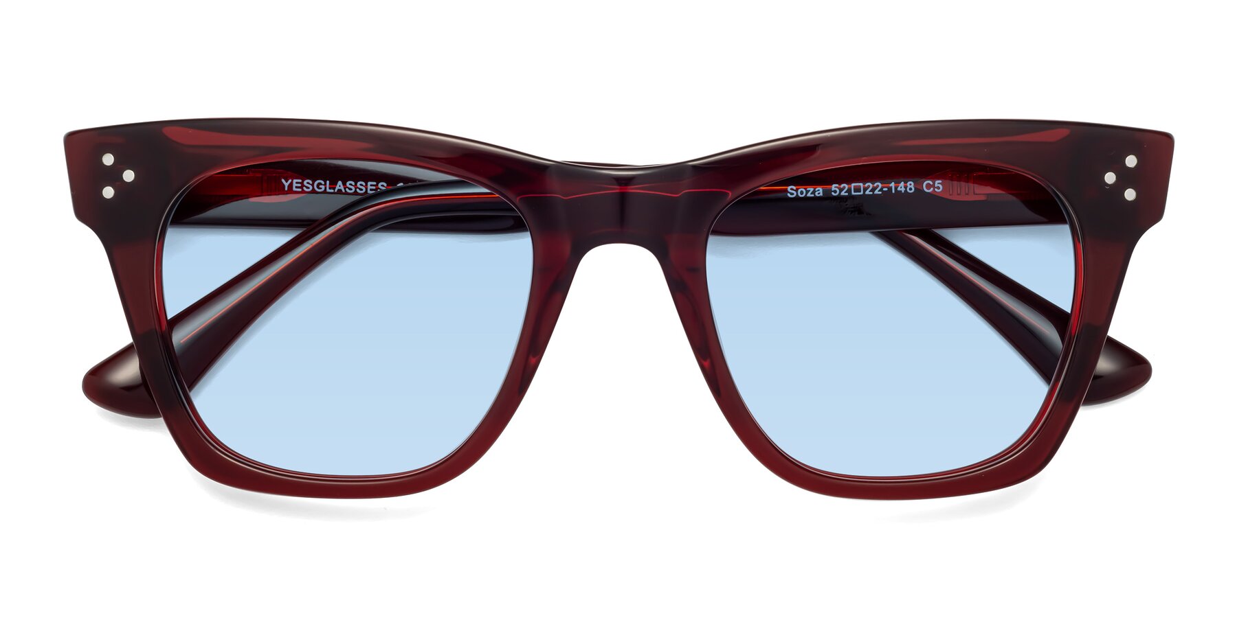 Folded Front of Soza in Wine with Light Blue Tinted Lenses