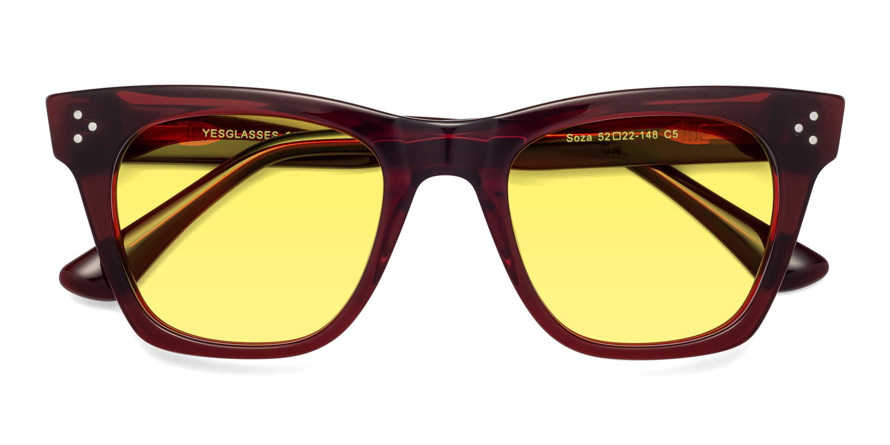 Folded Front of Soza in Wine with Medium Yellow Tinted Lenses