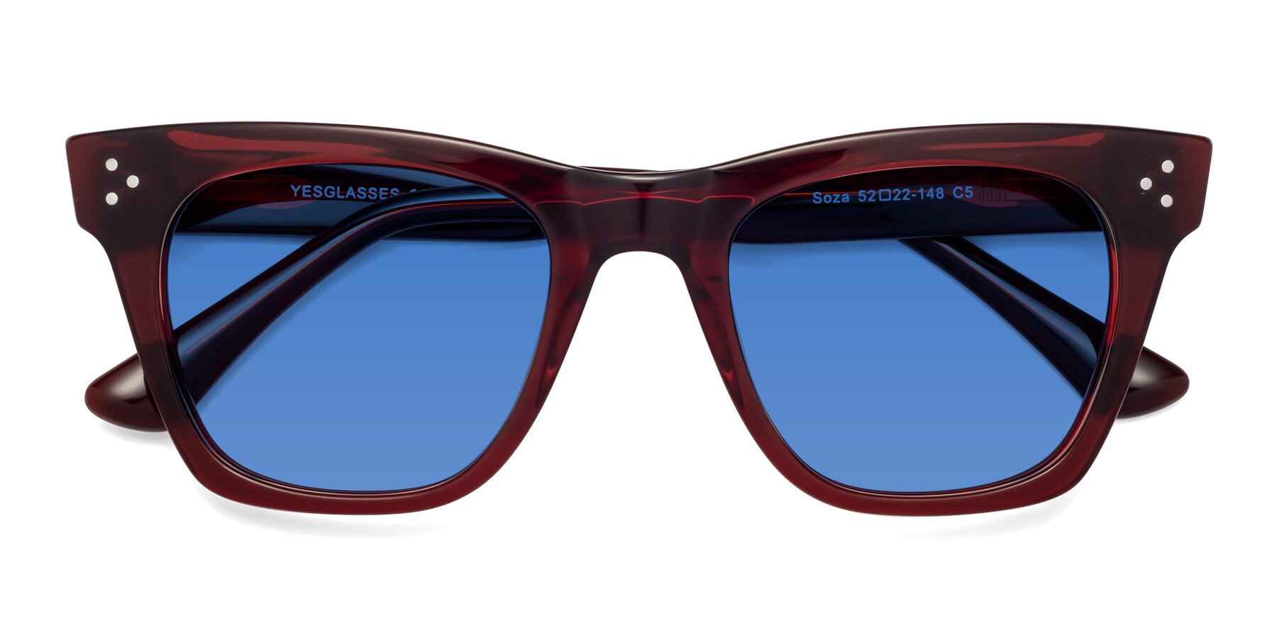 Folded Front of Soza in Wine with Blue Tinted Lenses
