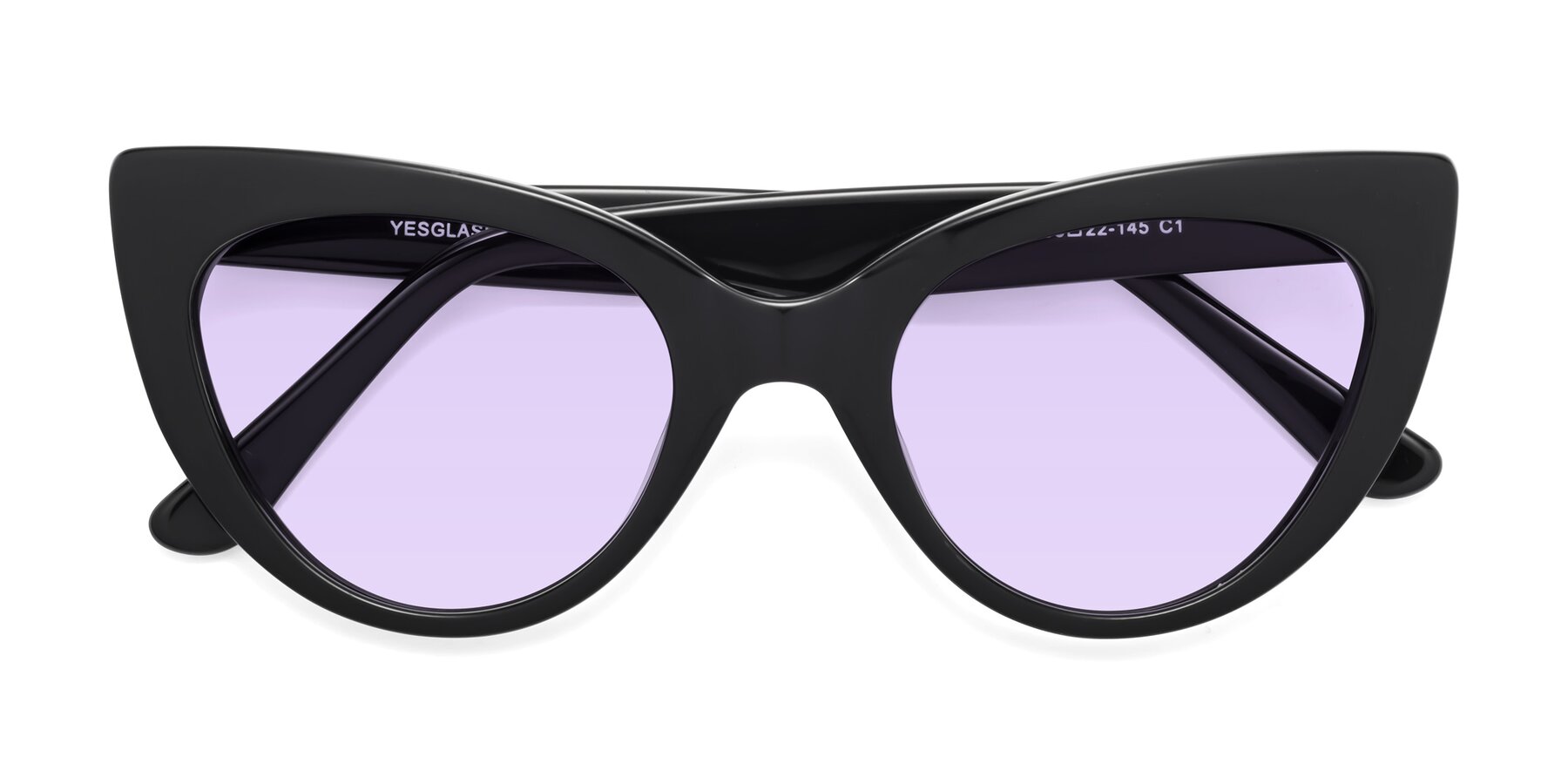 Folded Front of Tiesi in Black with Light Purple Tinted Lenses