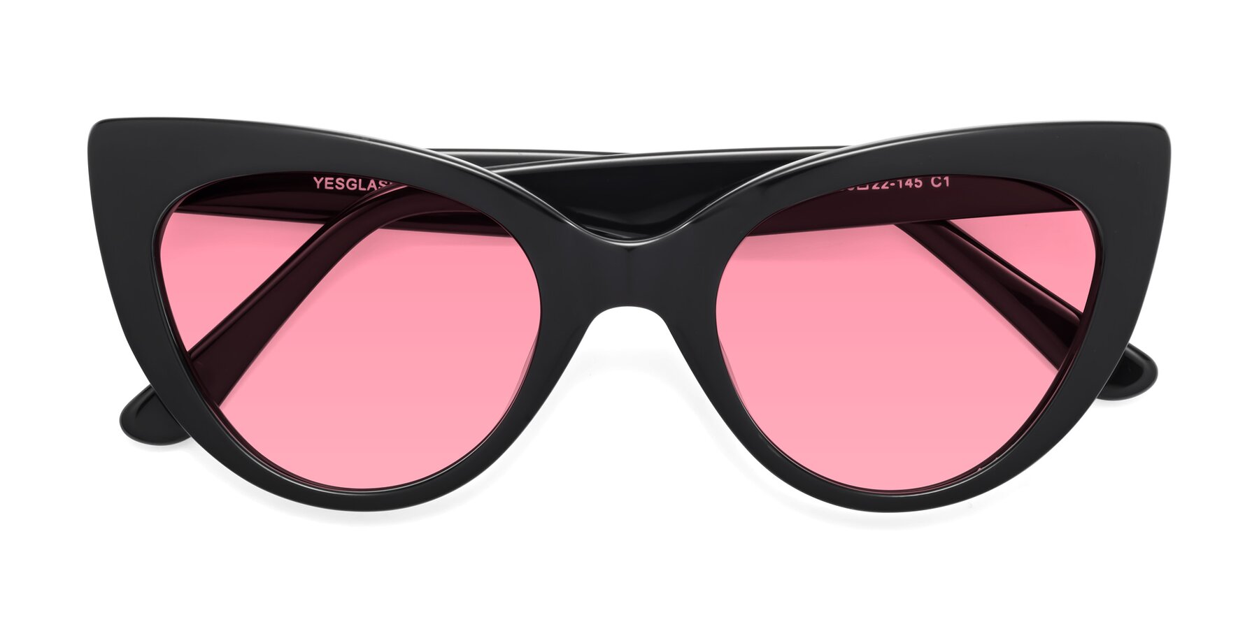 Folded Front of Tiesi in Black with Pink Tinted Lenses