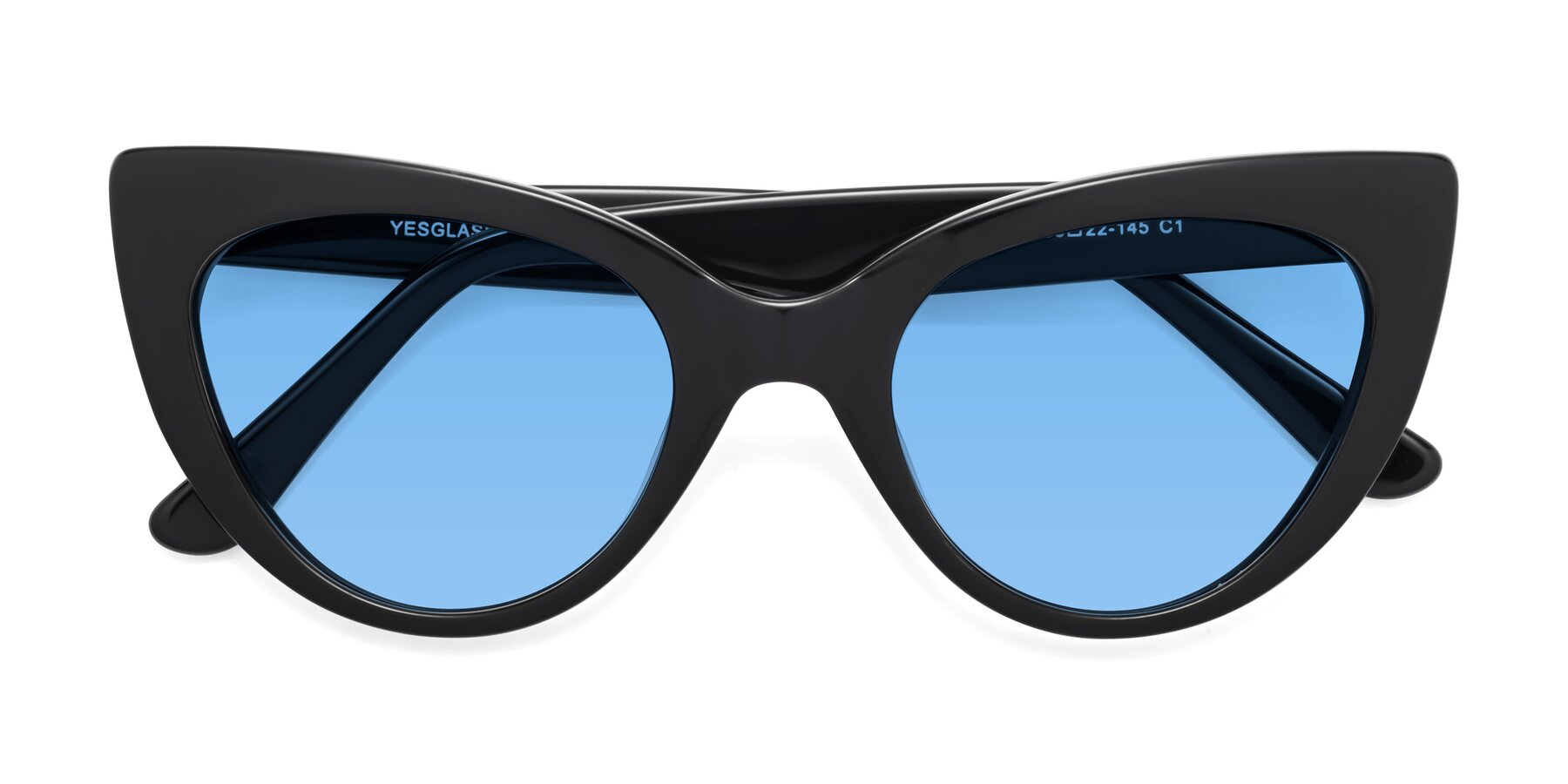 Folded Front of Tiesi in Black with Medium Blue Tinted Lenses