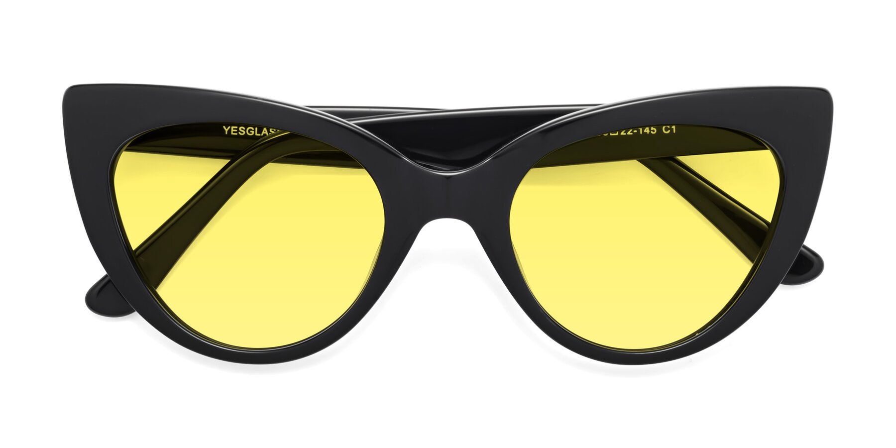 Folded Front of Tiesi in Black with Medium Yellow Tinted Lenses