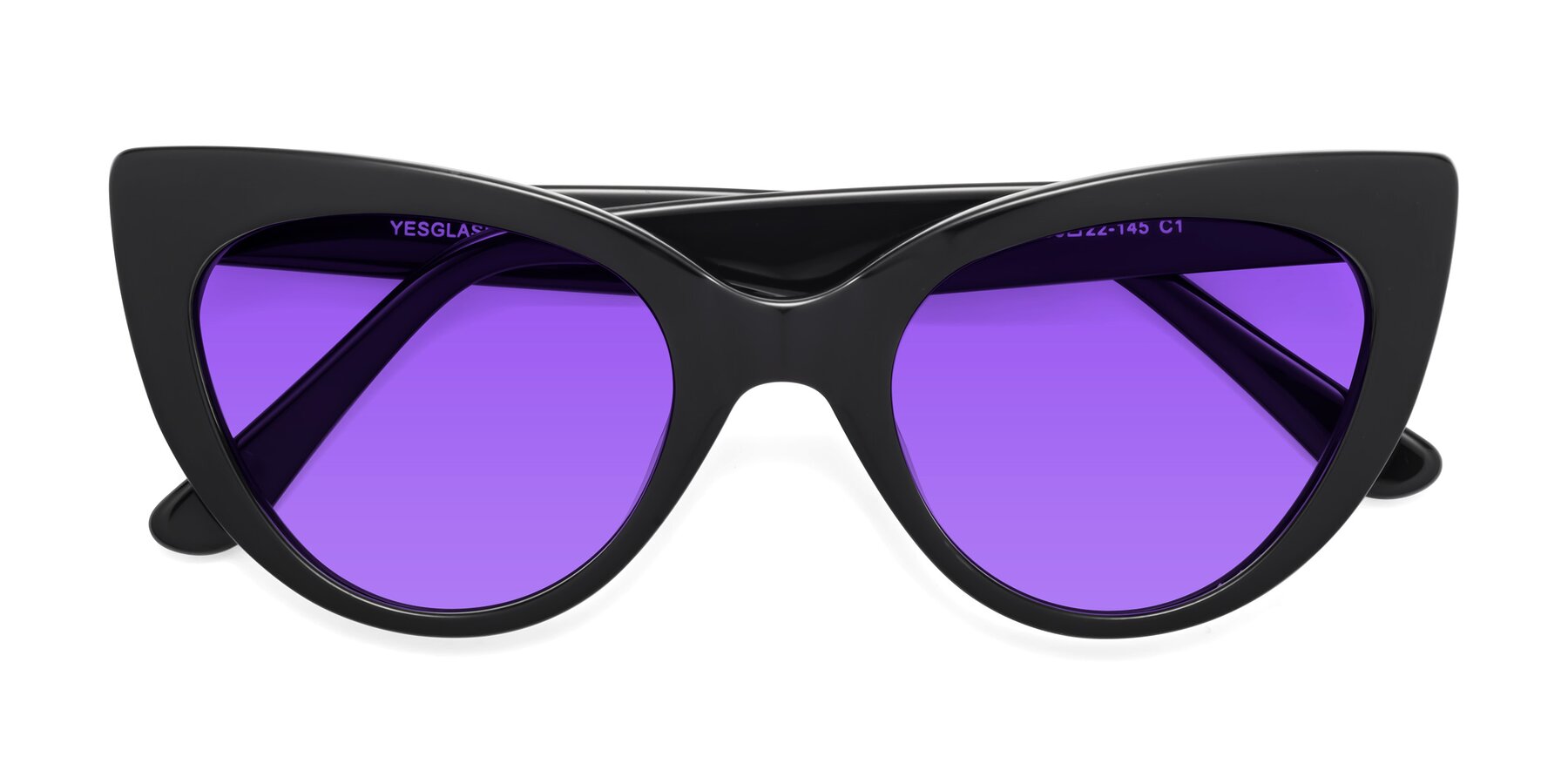 Folded Front of Tiesi in Black with Purple Tinted Lenses