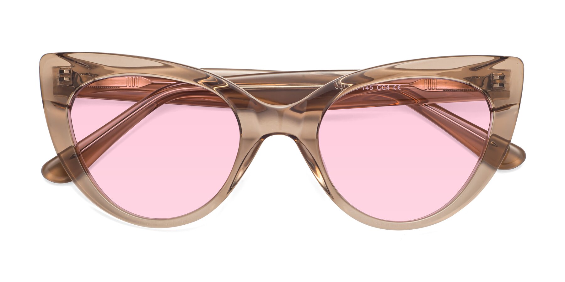 Folded Front of Tiesi in Caramel with Light Pink Tinted Lenses