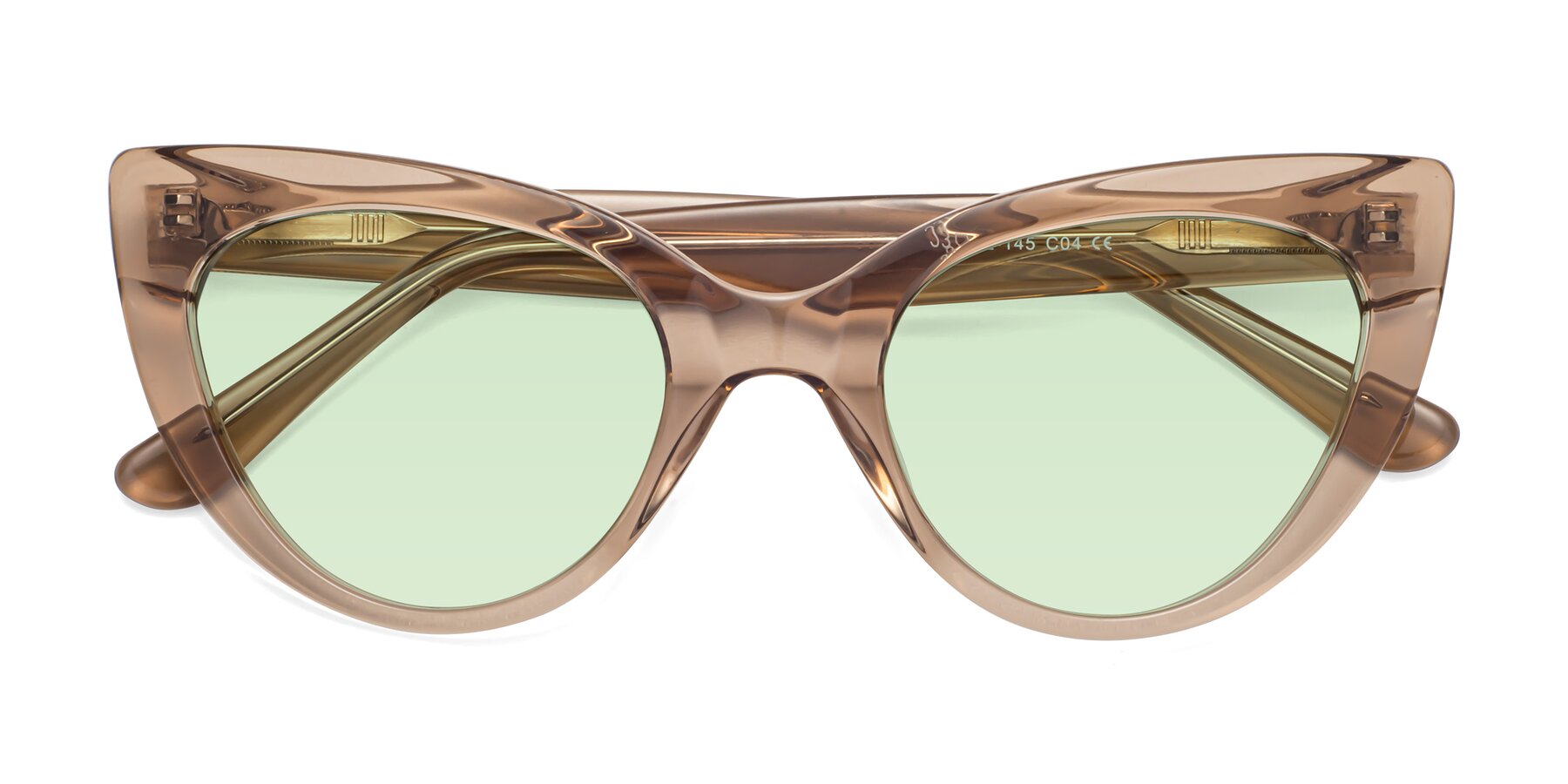 Folded Front of Tiesi in Caramel with Light Green Tinted Lenses