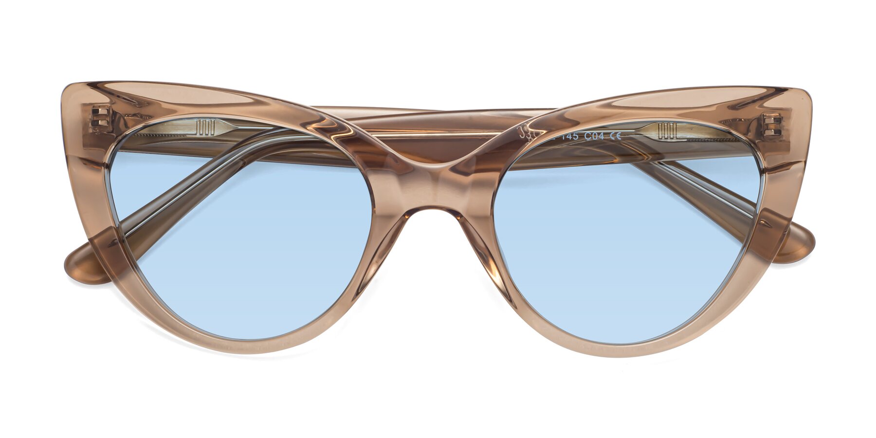 Folded Front of Tiesi in Caramel with Light Blue Tinted Lenses