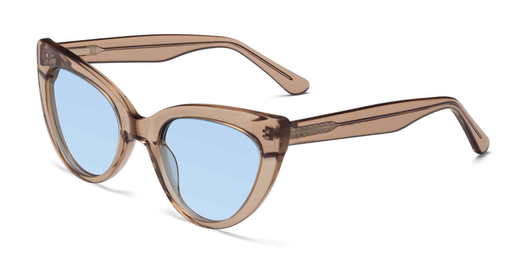 Angle of Tiesi in Caramel with Light Blue Tinted Lenses