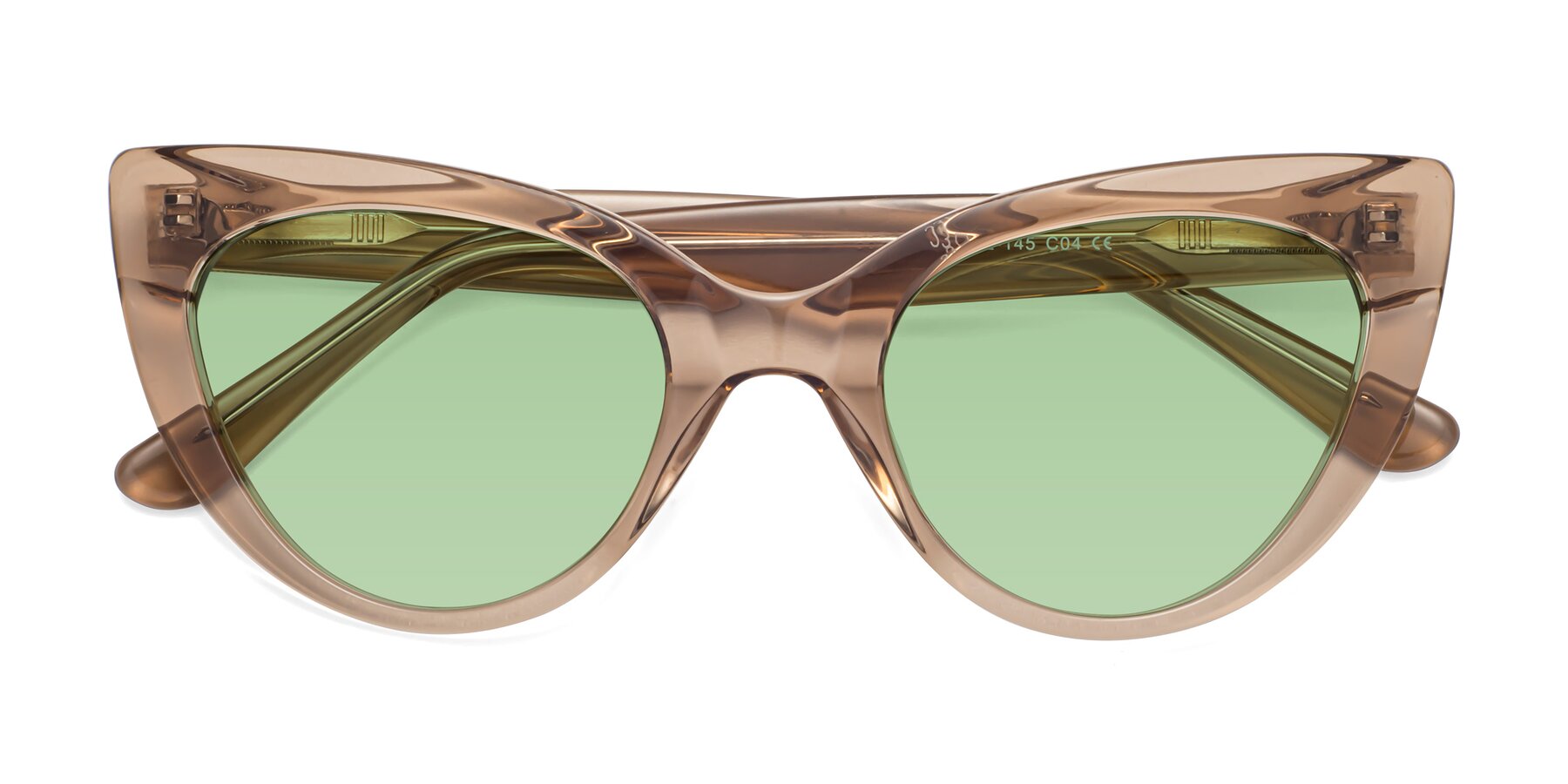 Folded Front of Tiesi in Caramel with Medium Green Tinted Lenses