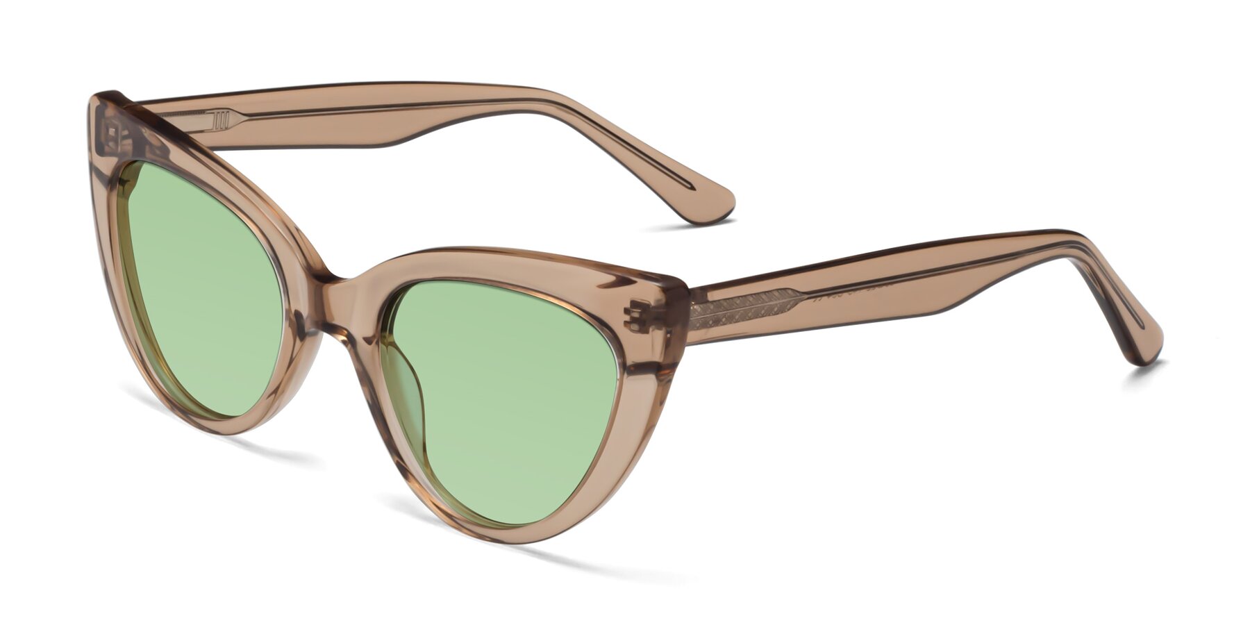 Angle of Tiesi in Caramel with Medium Green Tinted Lenses